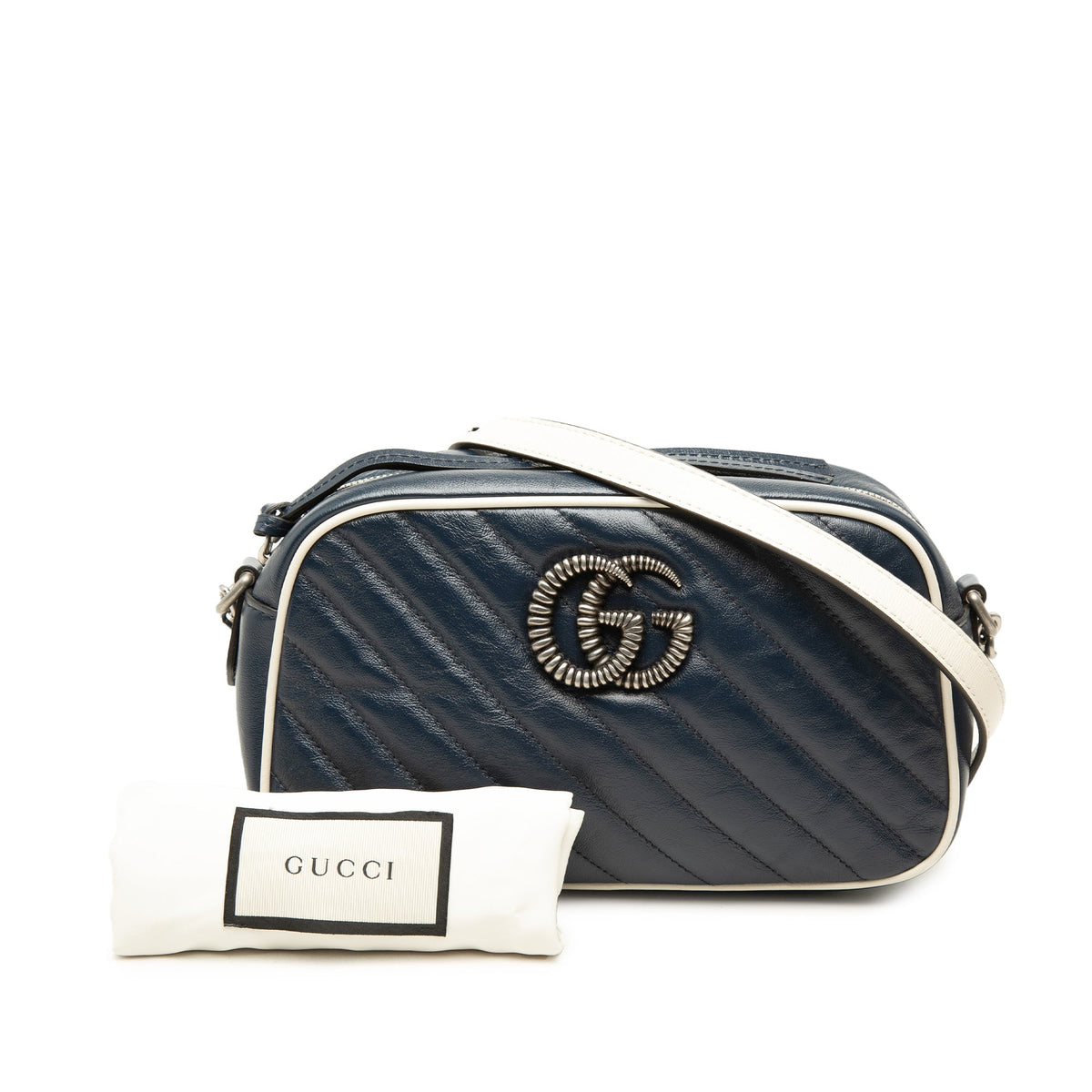 Gucci Small GG Marmont Matelasse Diagonal Calfskin Torchon Crossbody — Blue