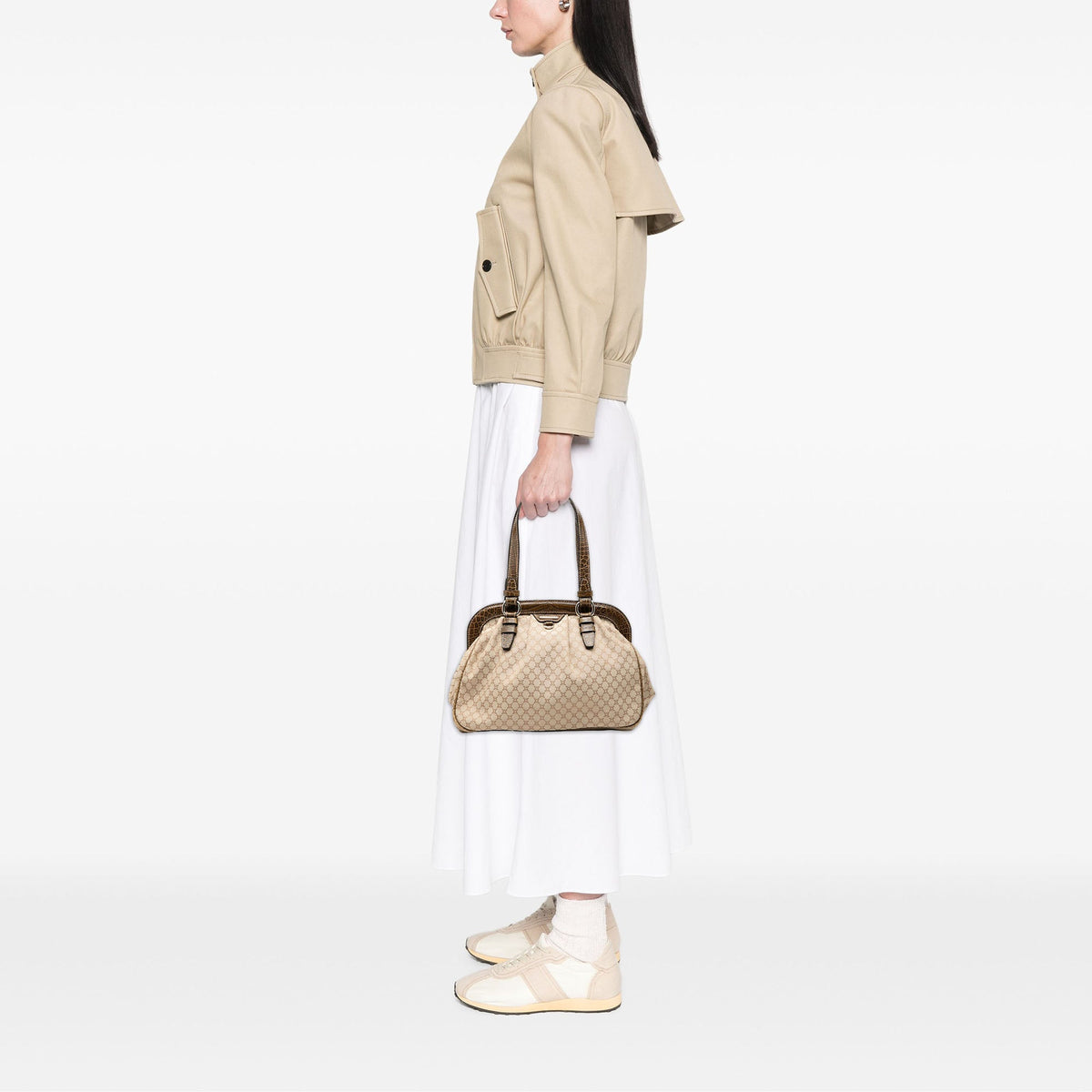 Celine Macadam Canvas Tassel Frame Satchel — Beige