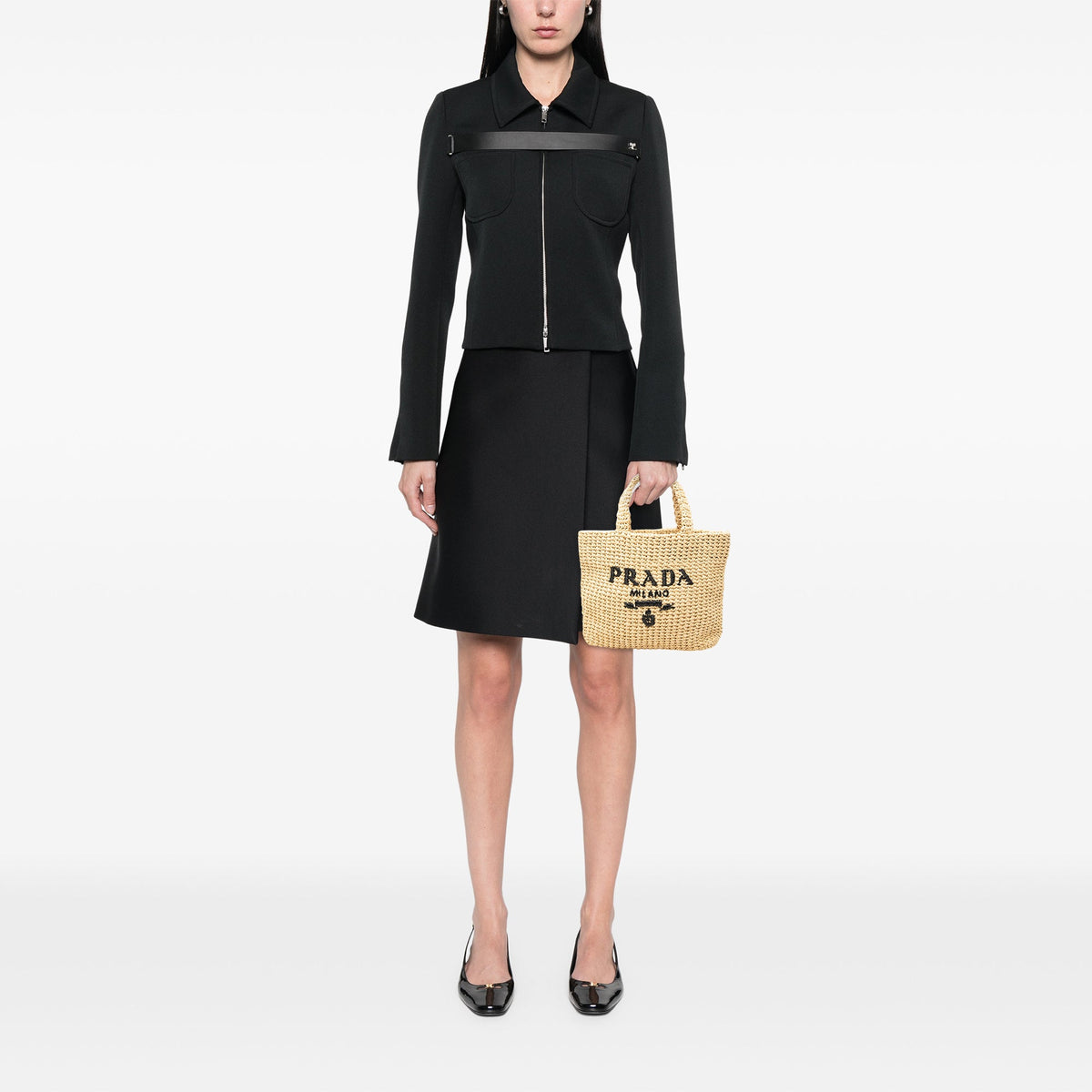 Prada Small Raffia Effect Crochet Embroidered Logo Tote