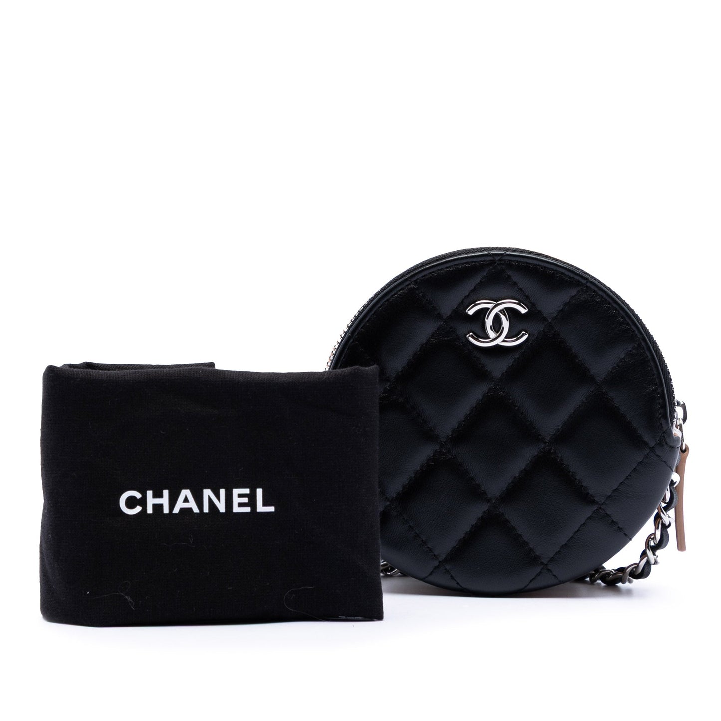 CC Quilted Lambskin Triple Zip Round Clutch With Chain