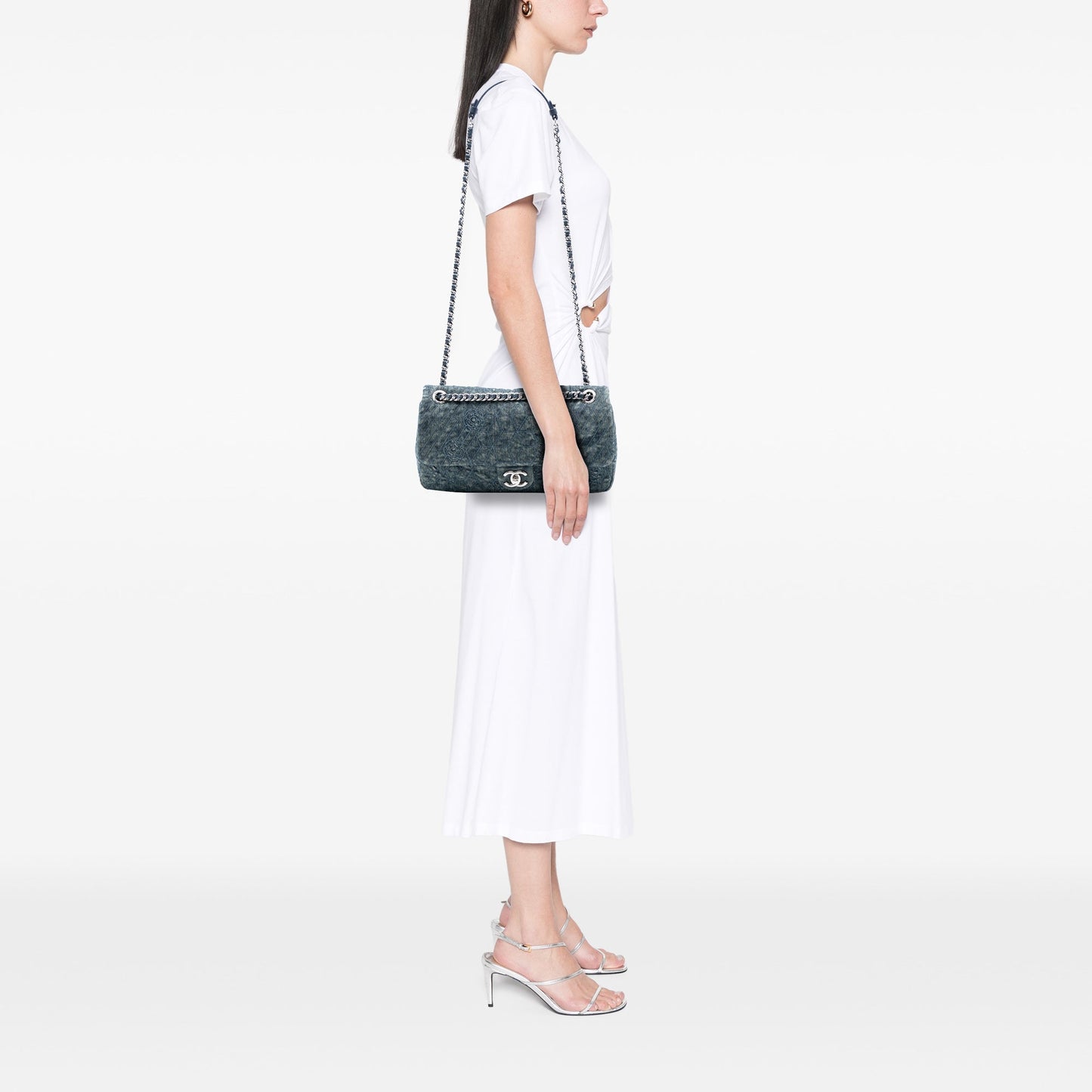 Chanel Large Embroidered Denim Camellia Flap