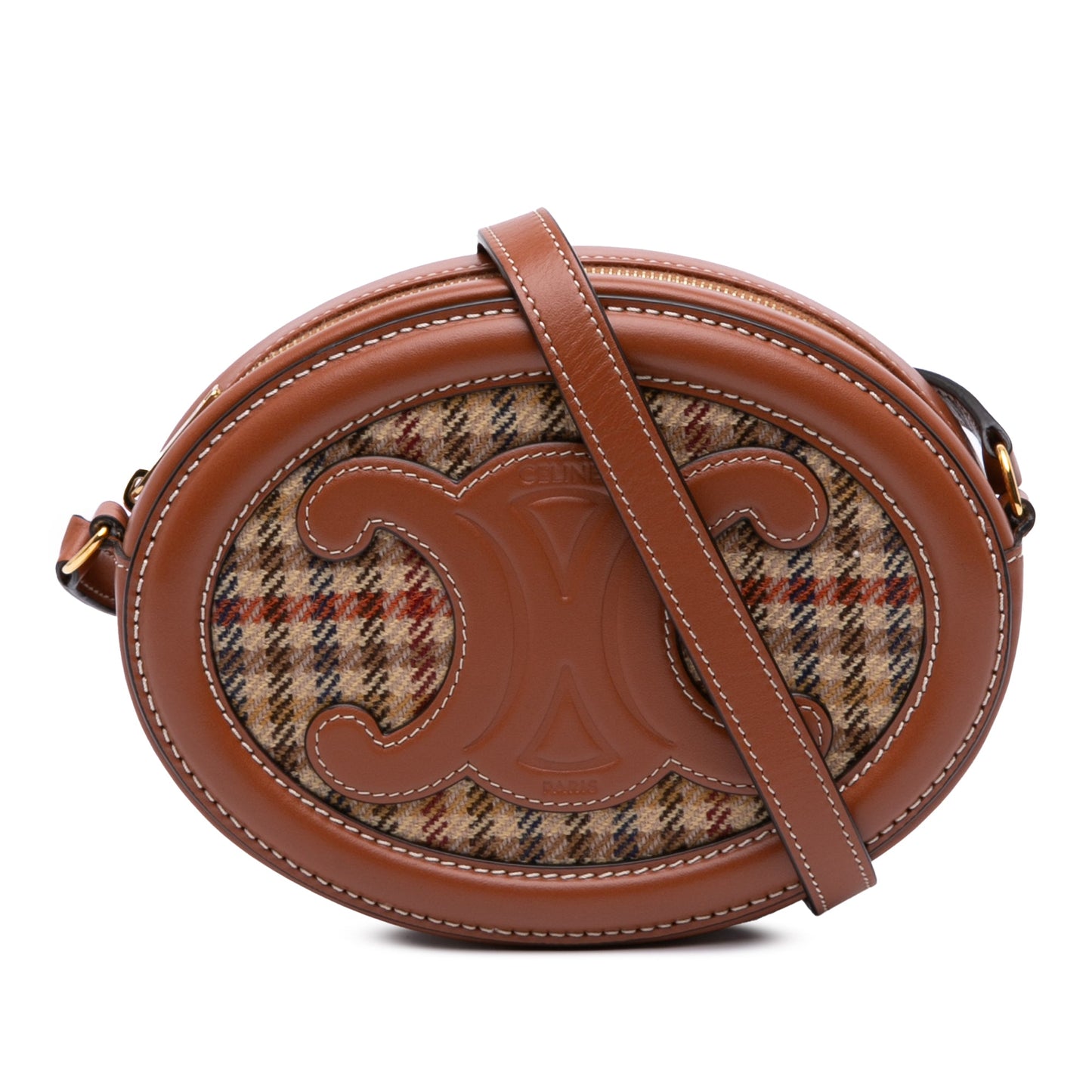 Celine Small Houndstooth Canvas and Calfskin Cuir Triomphe Oval Crossbody