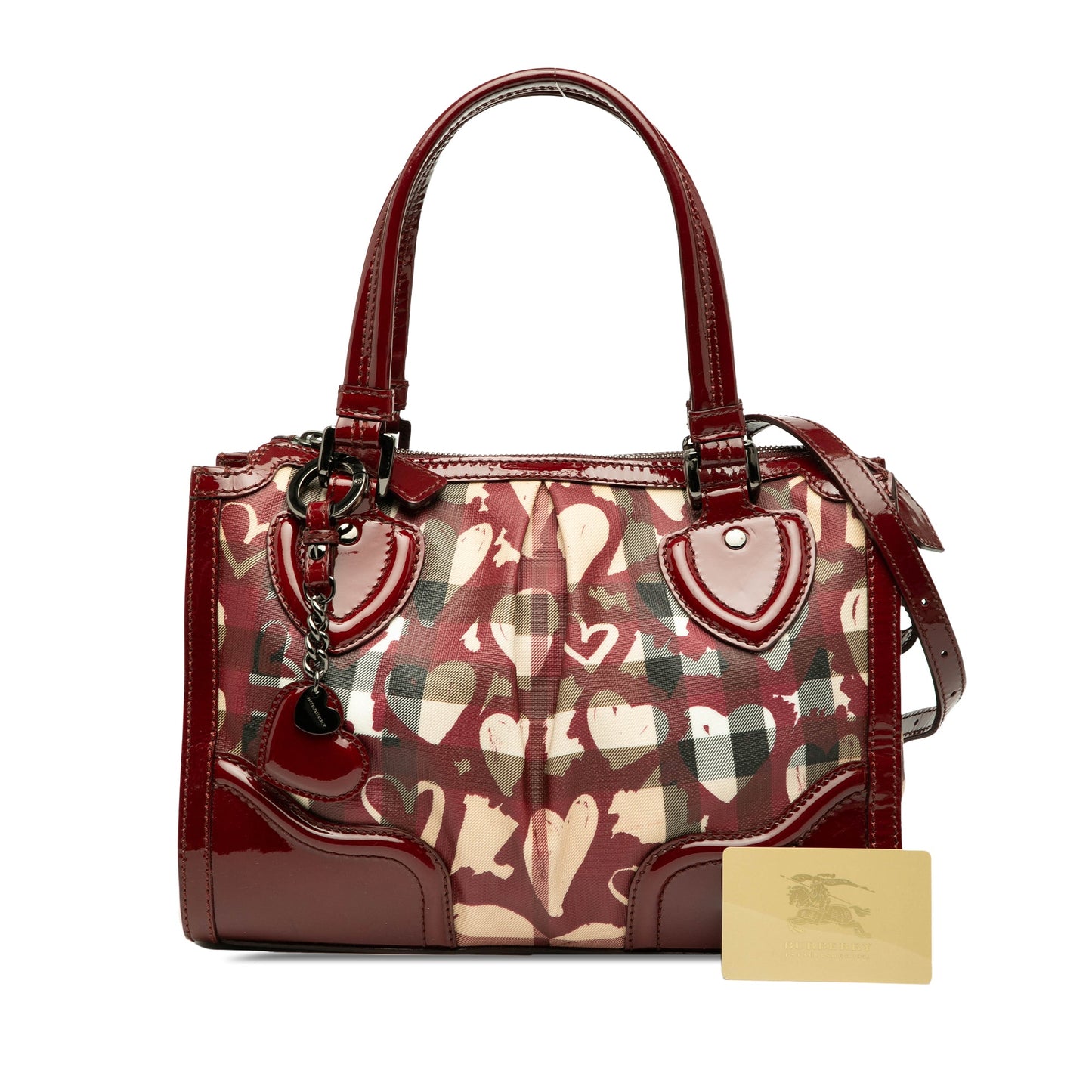 Burberry Patent Trimmed House Check Coated Canvas Hearts Pilgrim Satchel