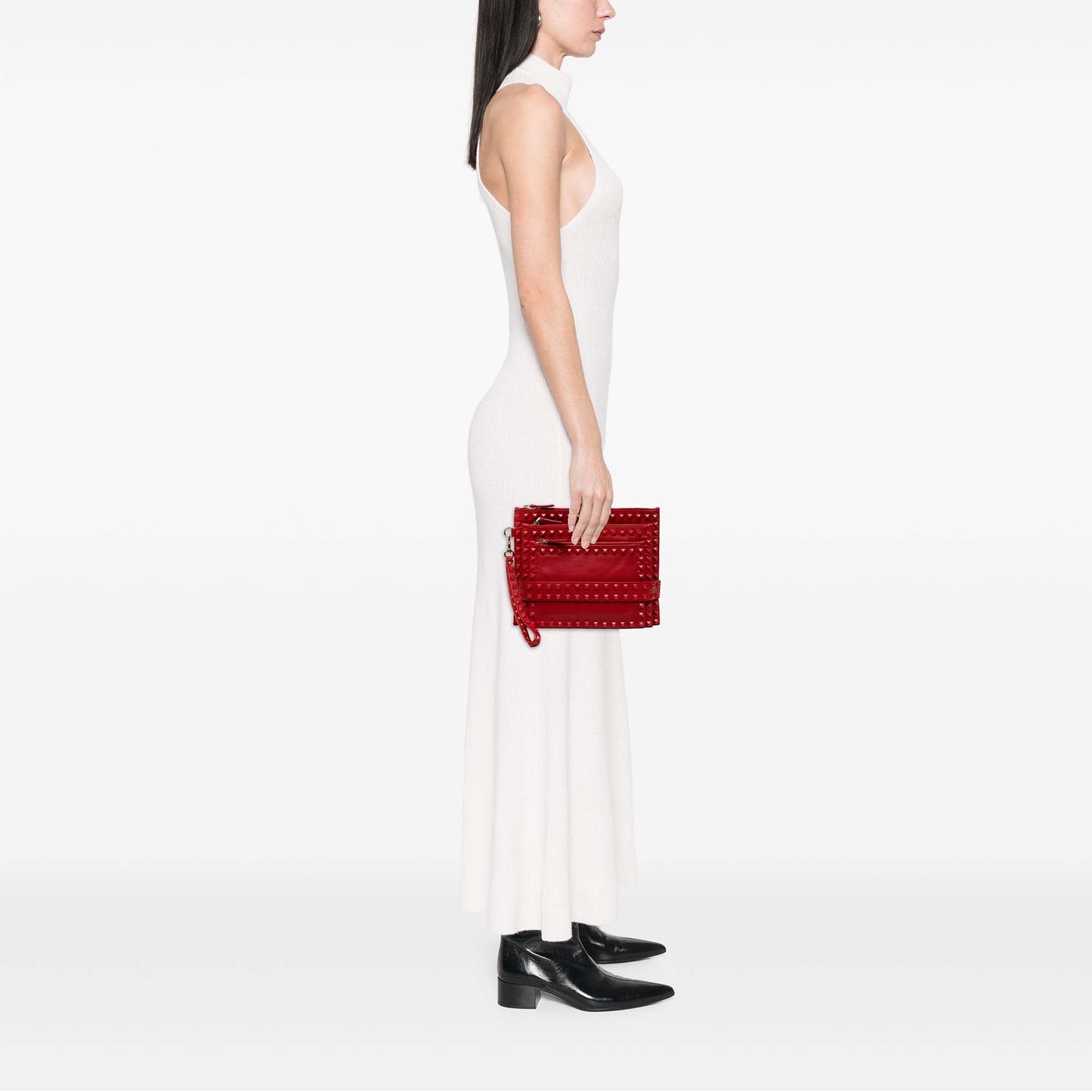 Valentino Leather Rockstud Rouge Triple Zip Clutch