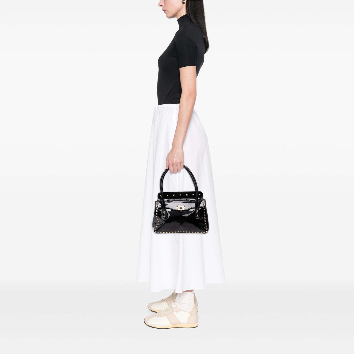 Valentino Patent Rockstud Double Handle Flap Tote — Black