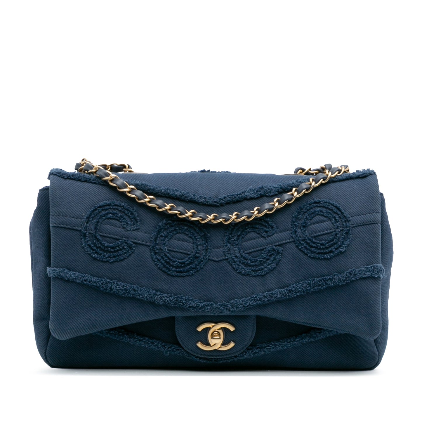 Chanel Jumbo Chevron Denim Fringe Coco Flap