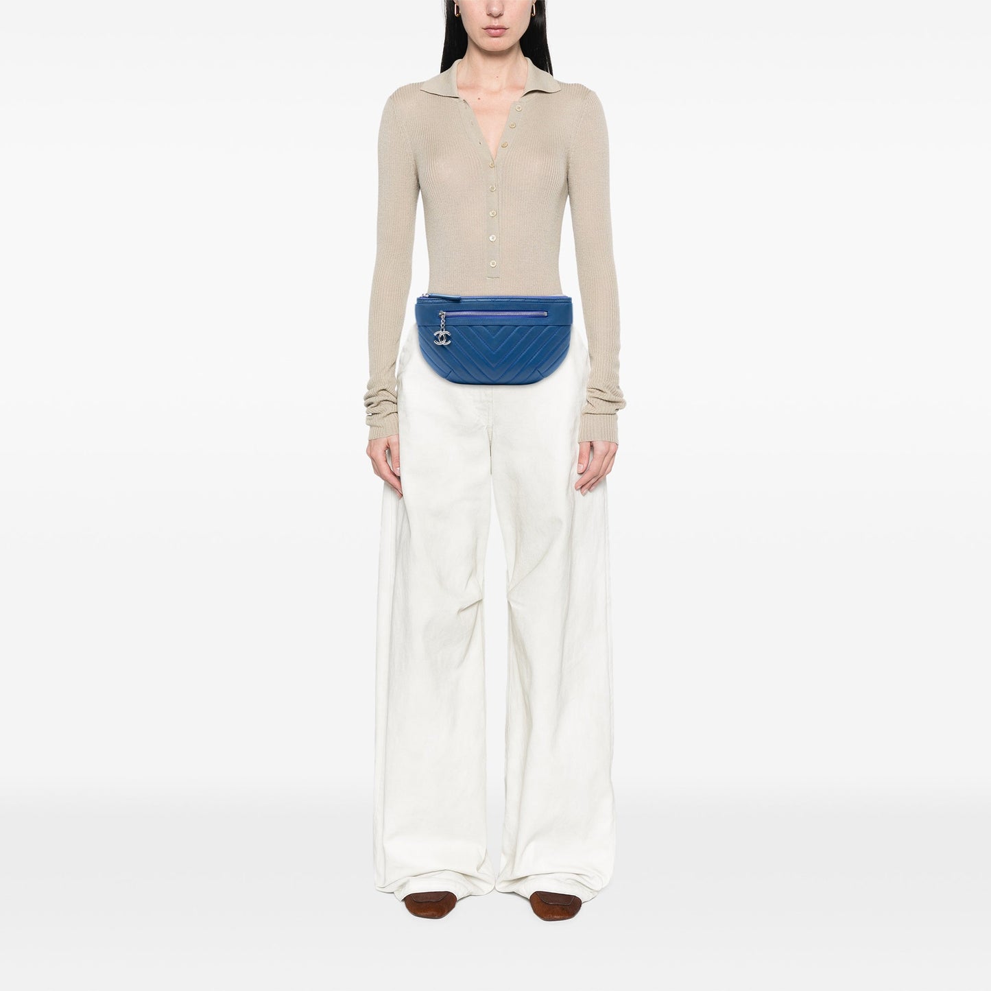 Chanel CC Chevron Lambskin Top Zip Belt Bag