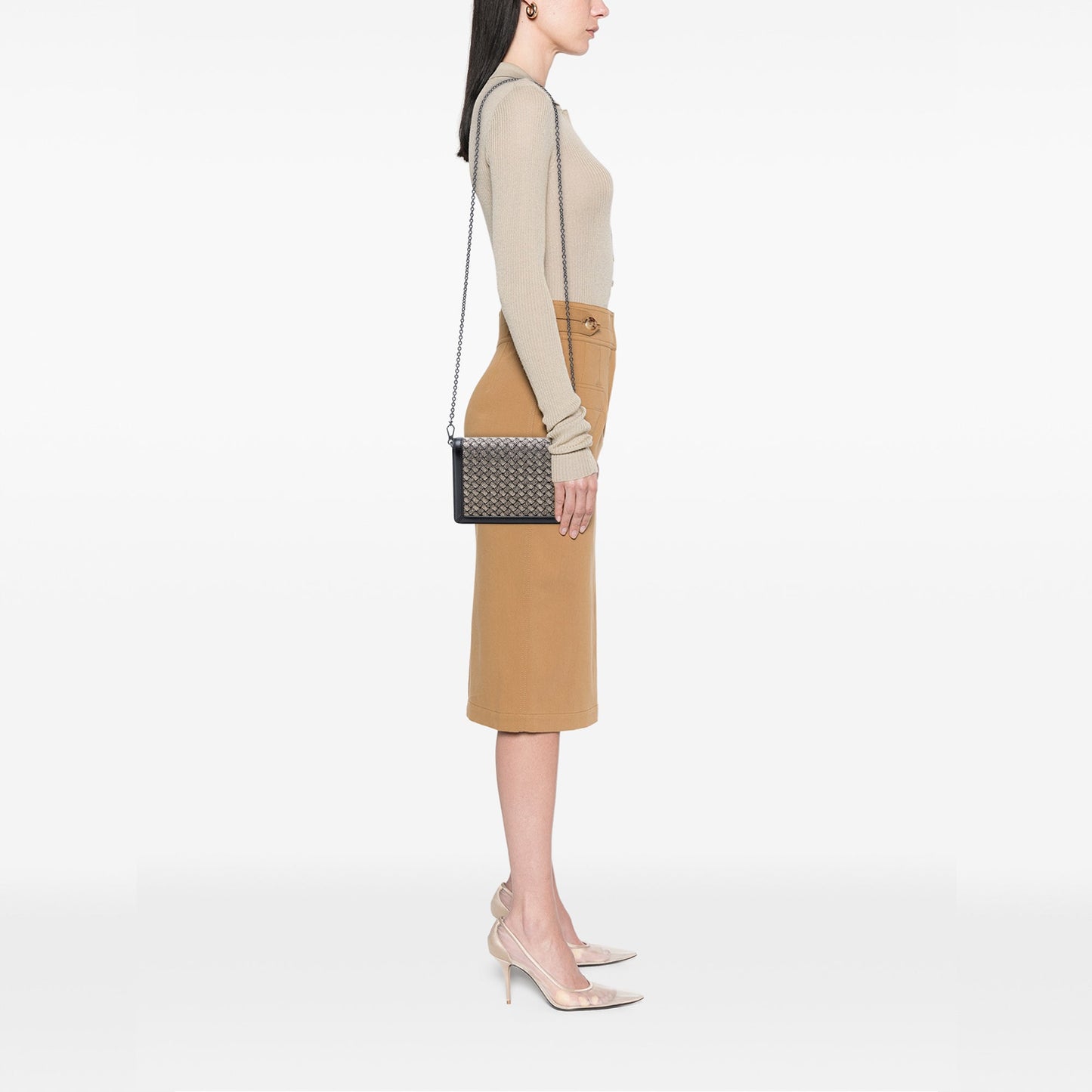 Bottega Veneta Mini Leather and Metallic Knit Intrecciato Montebello Crossbody