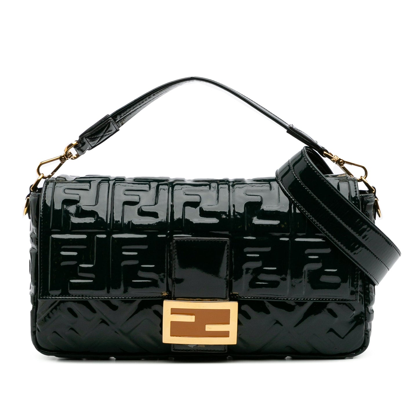 Fendi Large Zucca Embossed Patent Baguette Satchel