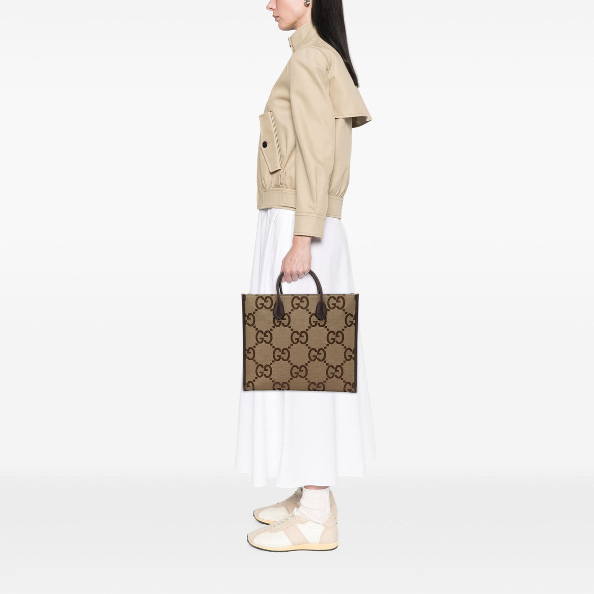 Gucci Jumbo GG Canvas Web Tote — Beige