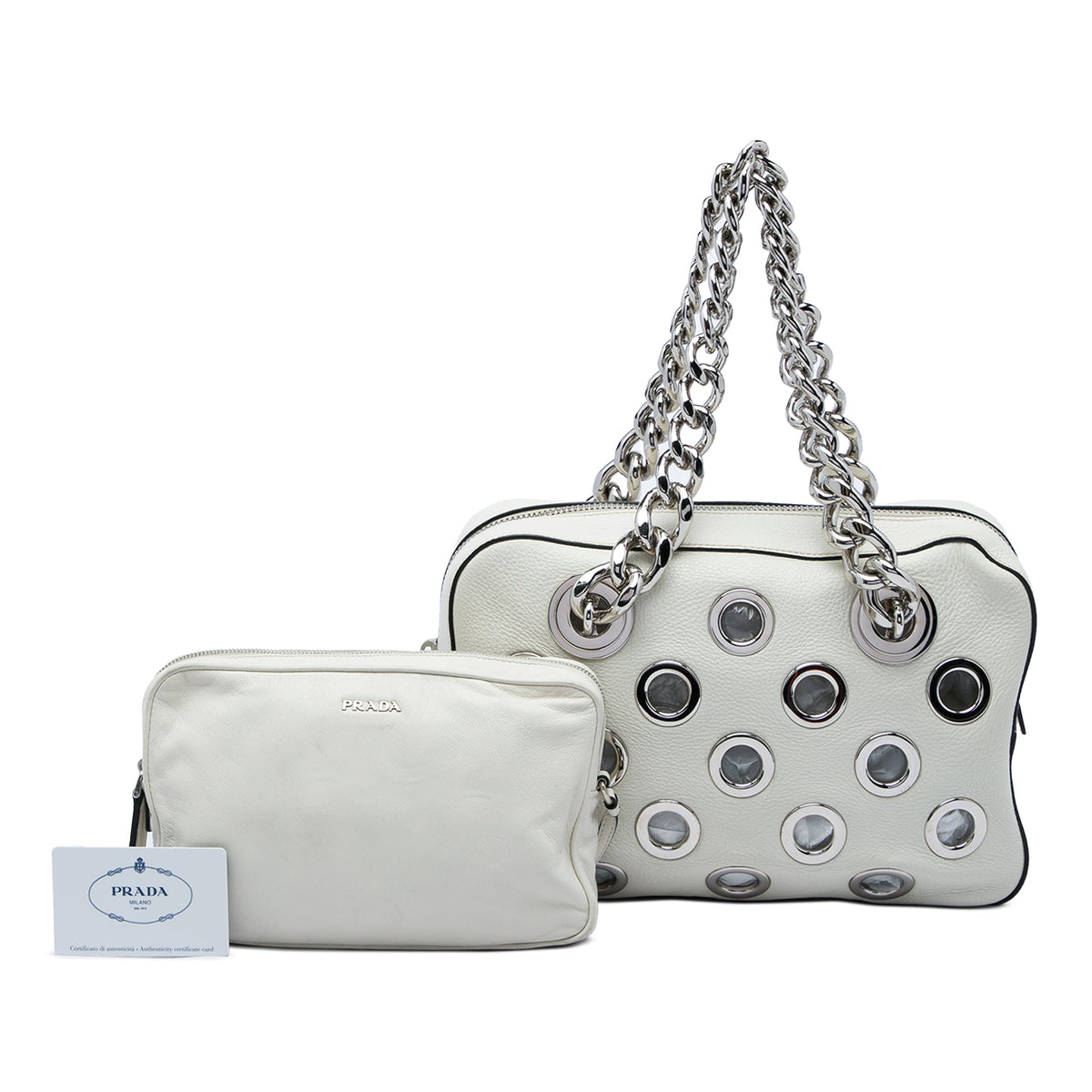 Prada Vitello Daino Grommet Chain Shoulder Bag — White