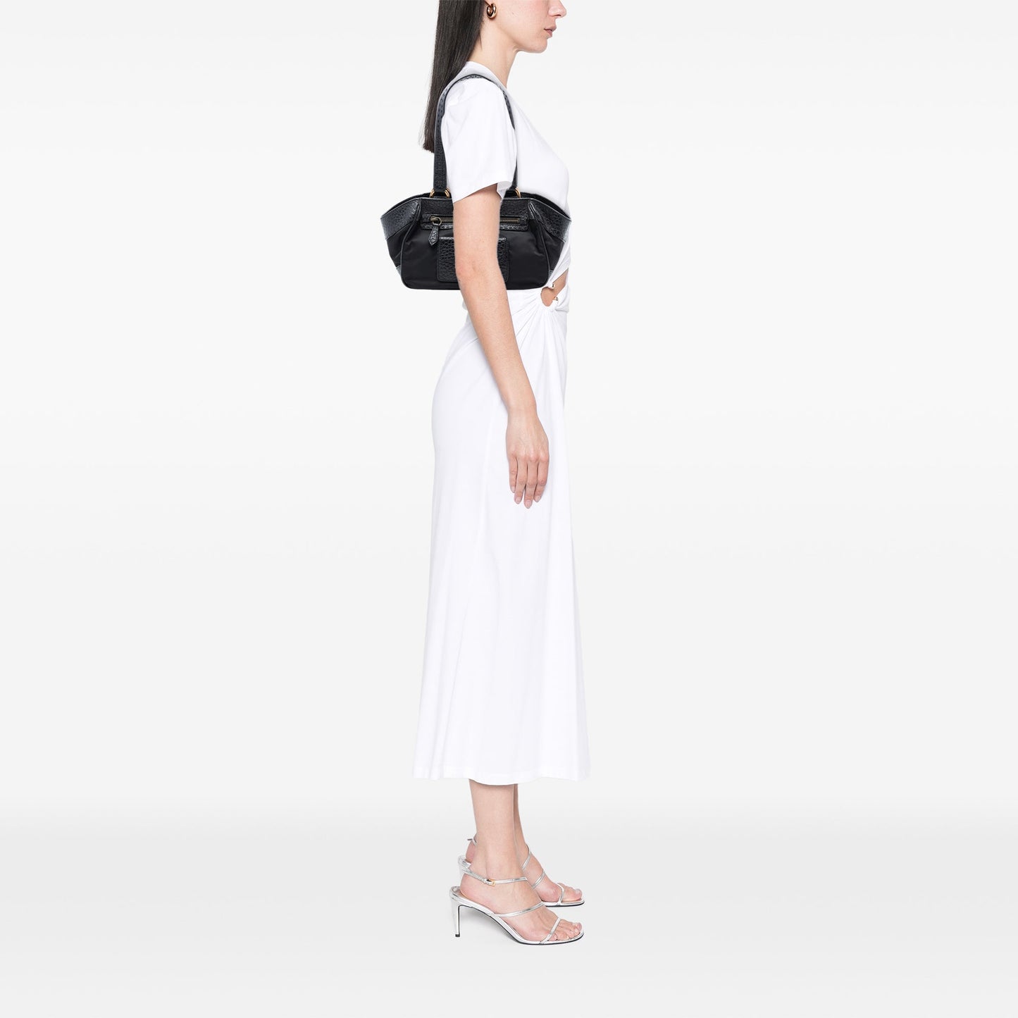 Leather Trimmed Tessuto Front Flap Pocket Shoulder Bag