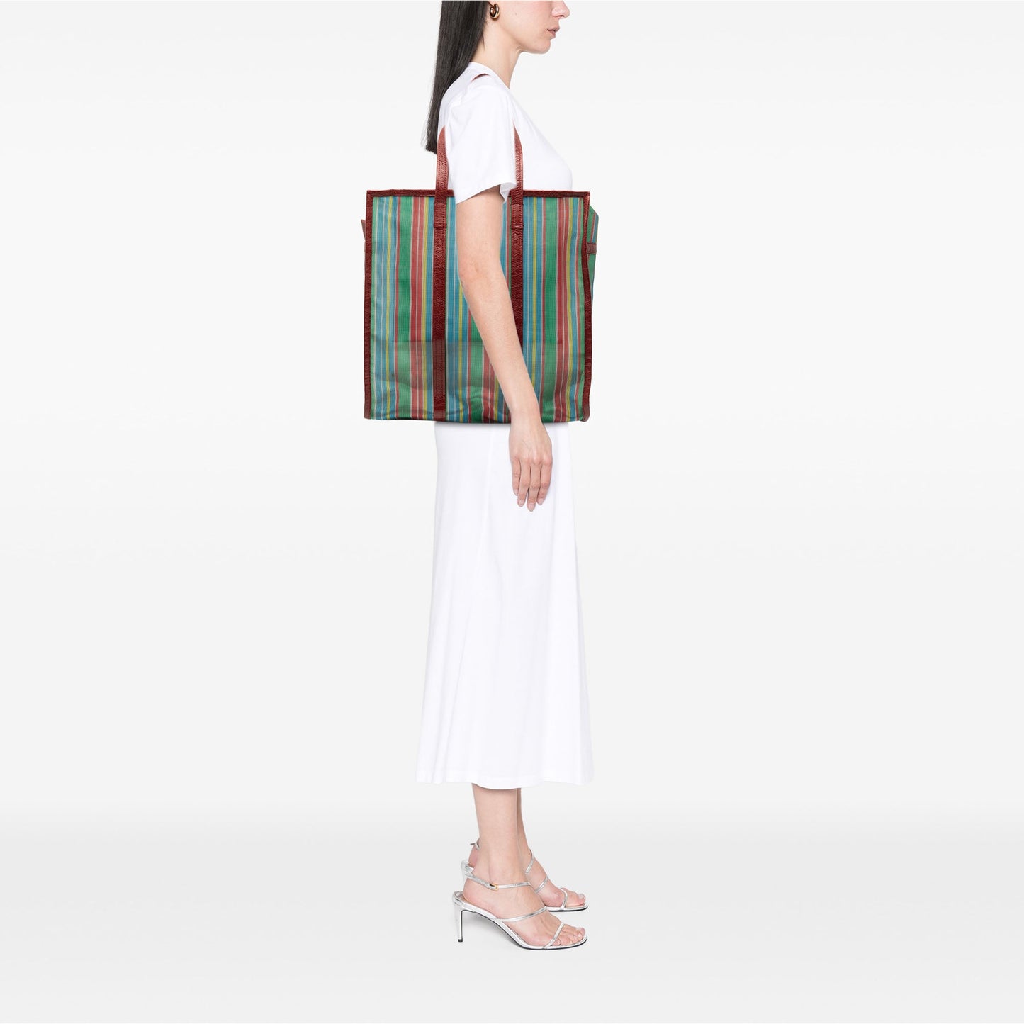 Balenciaga M Striped Mesh Bazar Shopper Satchel