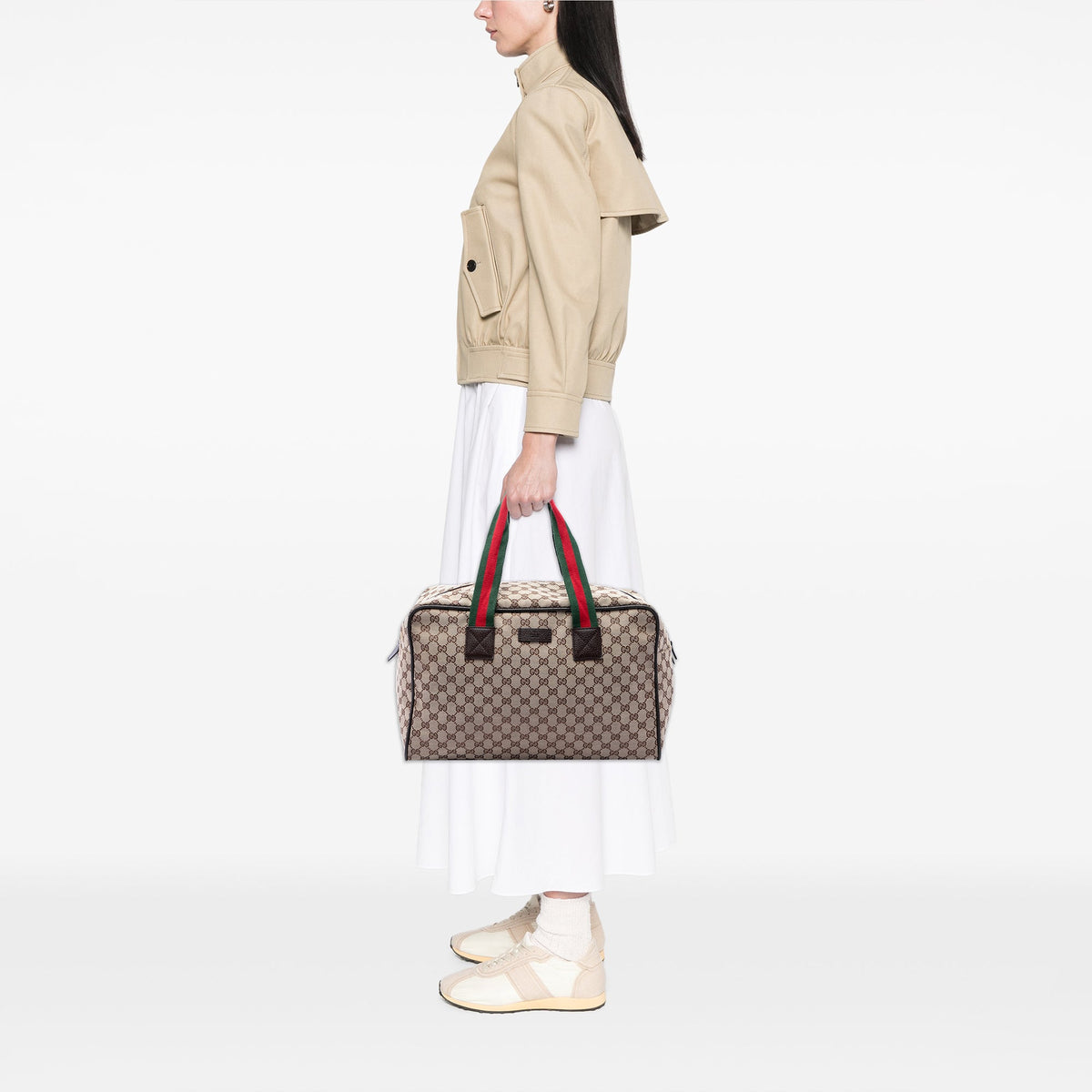 Gucci GG Canvas Web Duffle Bag — Beige