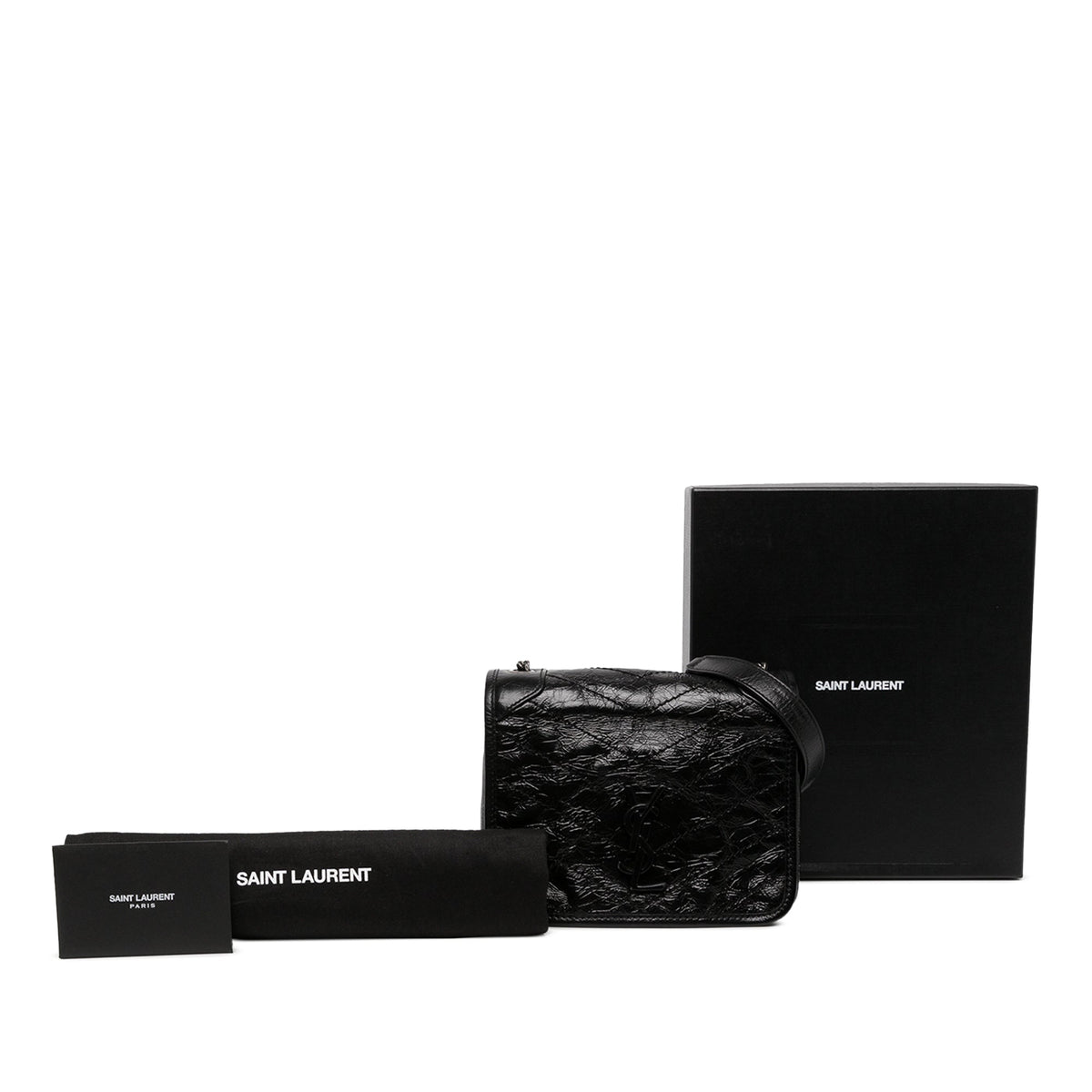 Saint Laurent Crinkled Calfskin Niki Wallet on Chain — Black