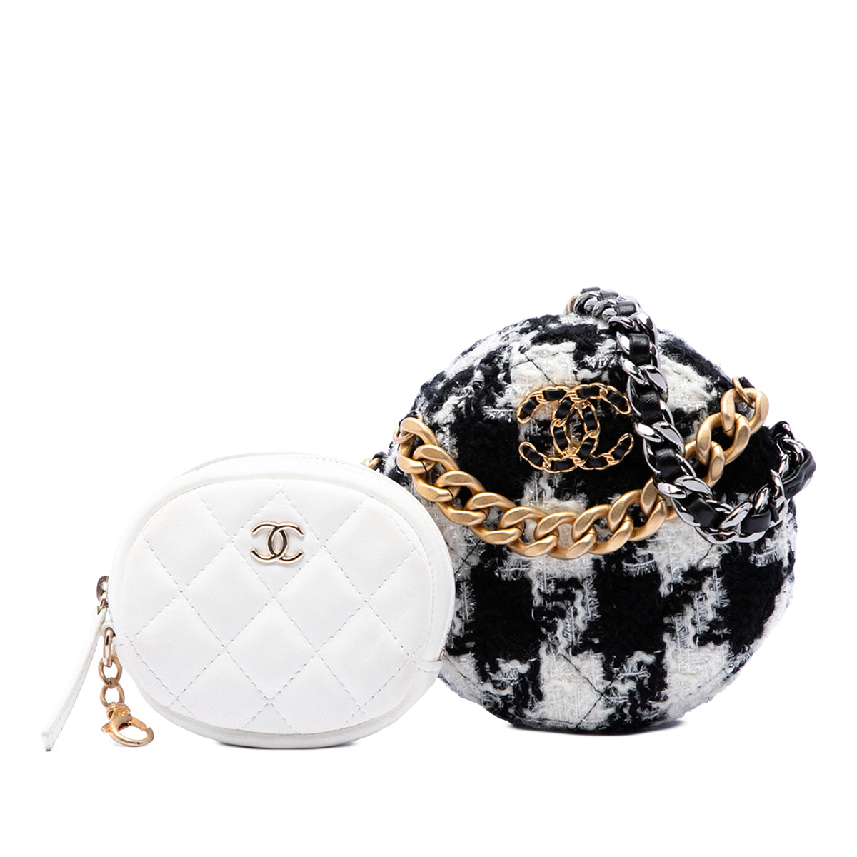 Chanel Tweed 19 Round Clutch with Chain and Coin Purse — White