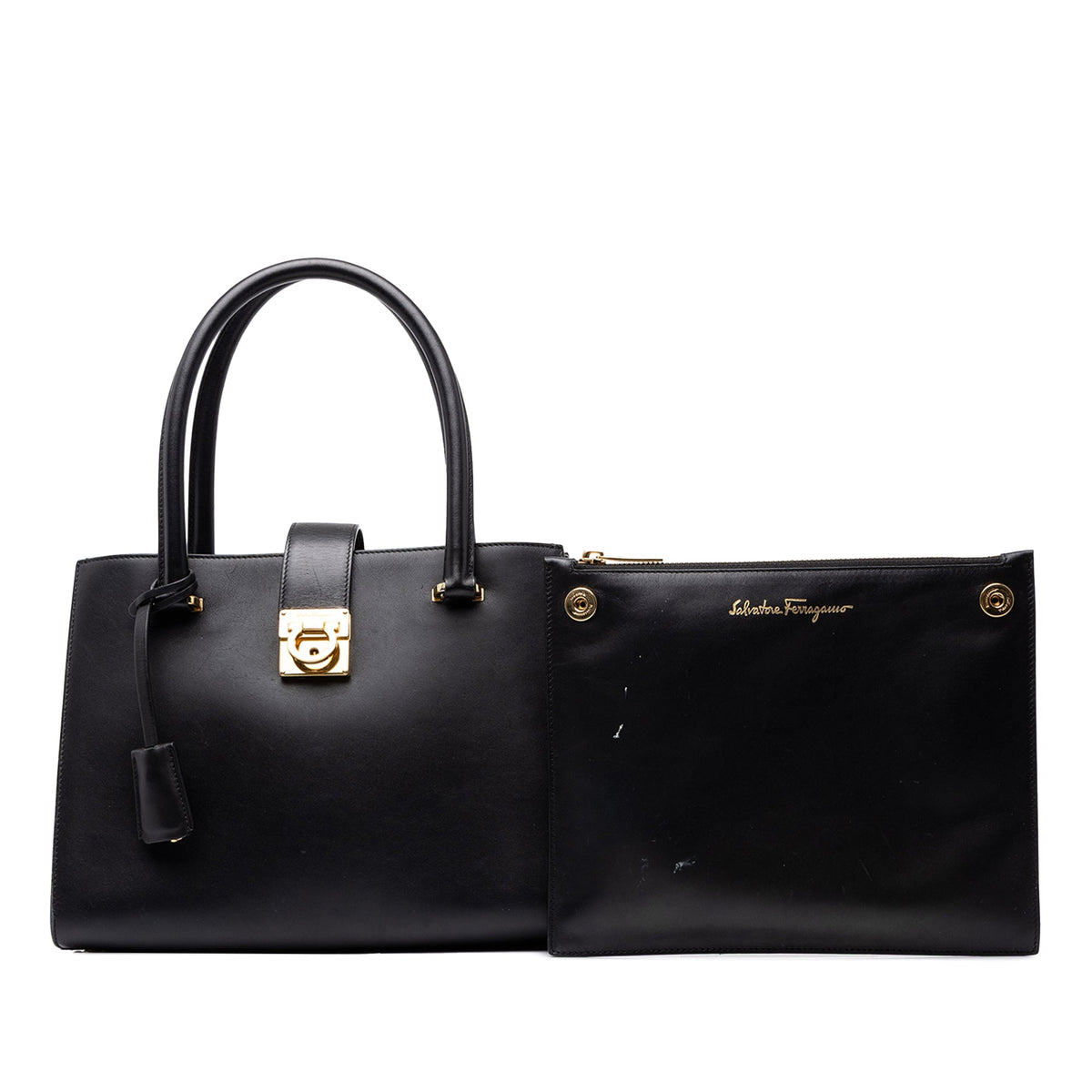 Ferragamo Leather Gancini Juliette Lock Story Handbag — Black