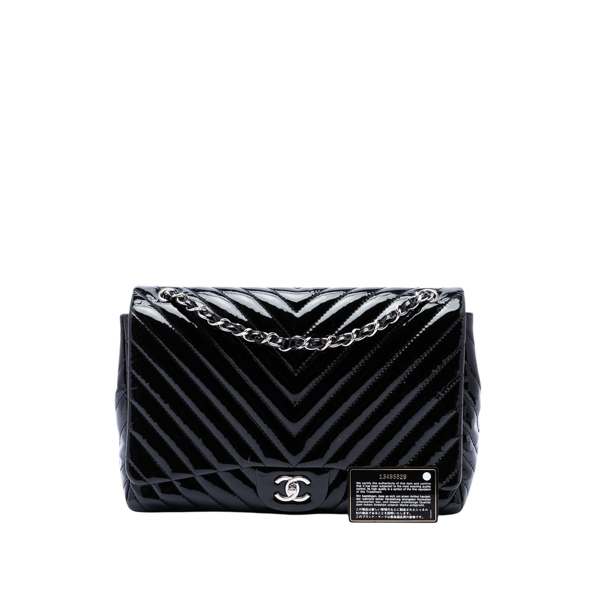 Chanel Jumbo Classic Chevron Patent Double Flap — Black