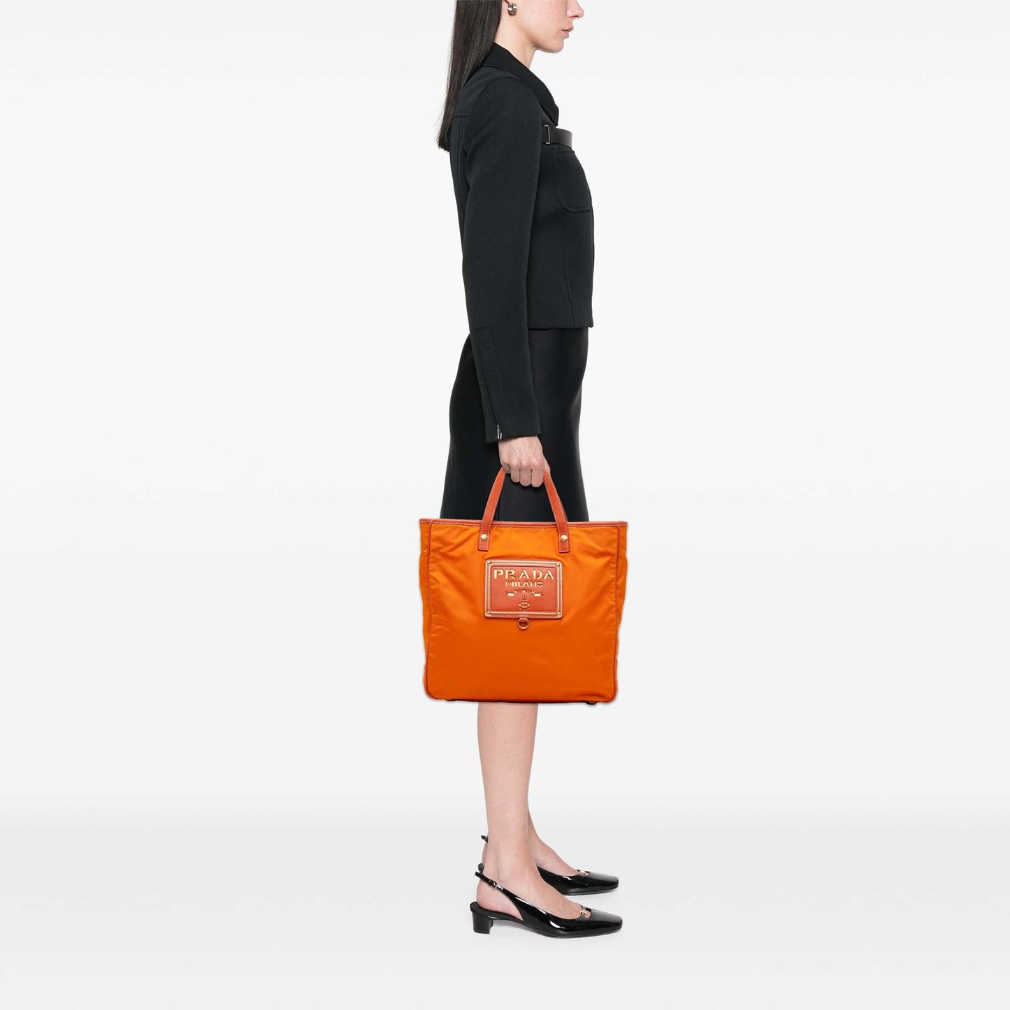 Prada Saffiano Trimmed Tessuto Logo Oro Satchel