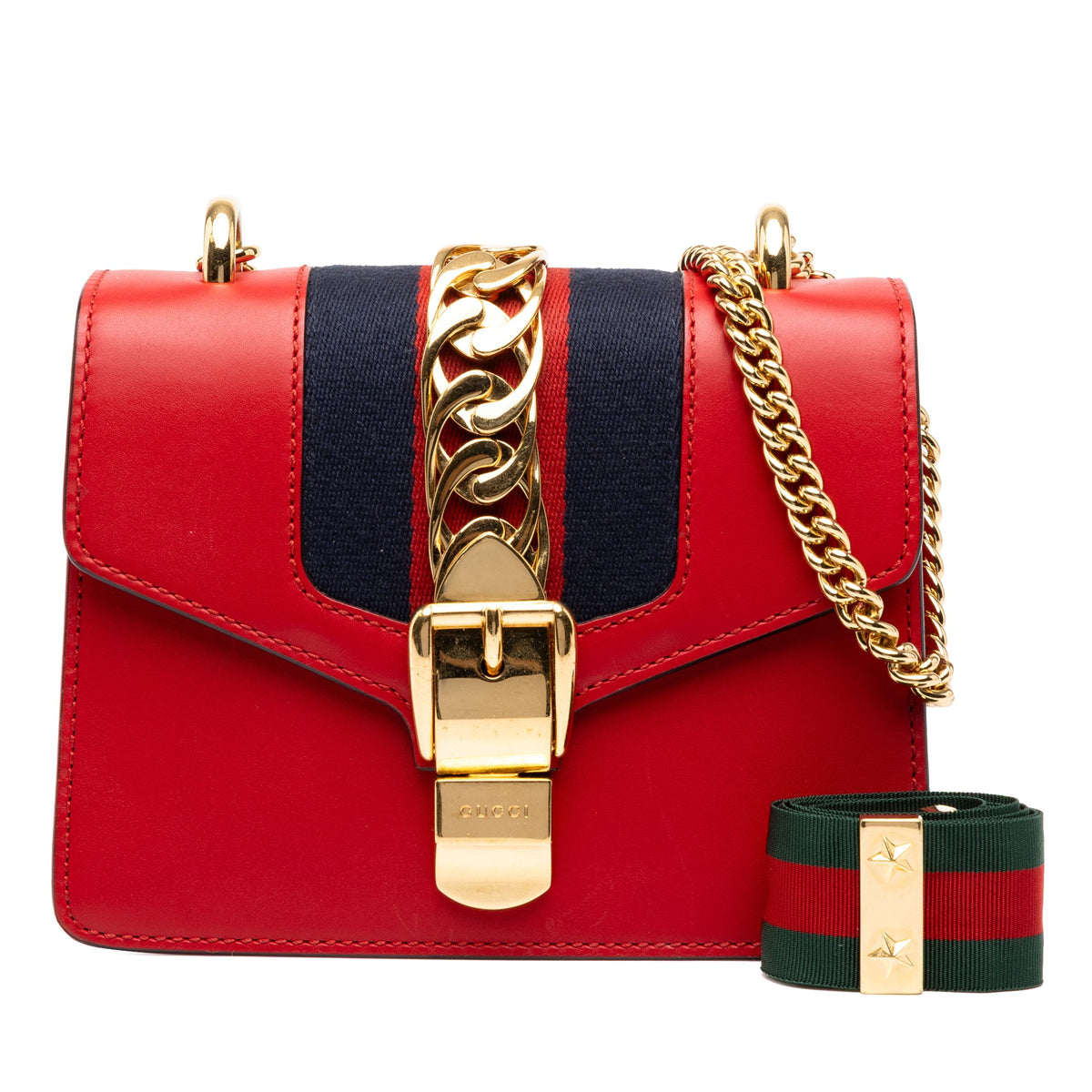 Gucci Mini Calfskin Web Sylvie Chain Satchel — Red