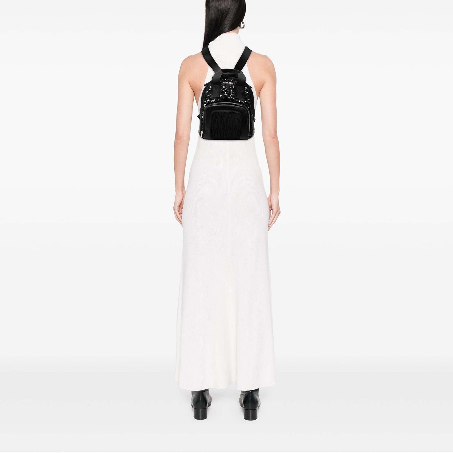 Miu Miu Leather Trimmed Matelasse Crystal Embellished Nylon Backpack