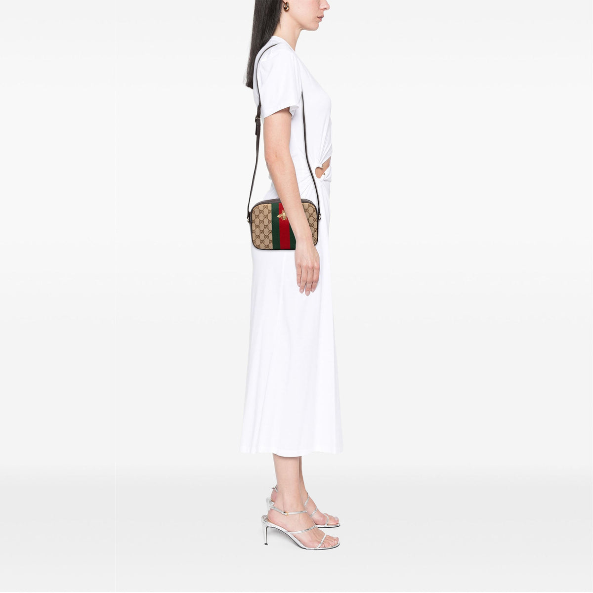 Gucci GG Canvas Webby Bee Camera Bag — Beige