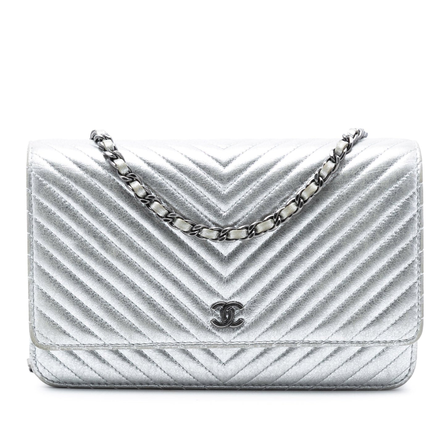 Chanel CC Chevron Metallic Lambskin Wallet On Chain