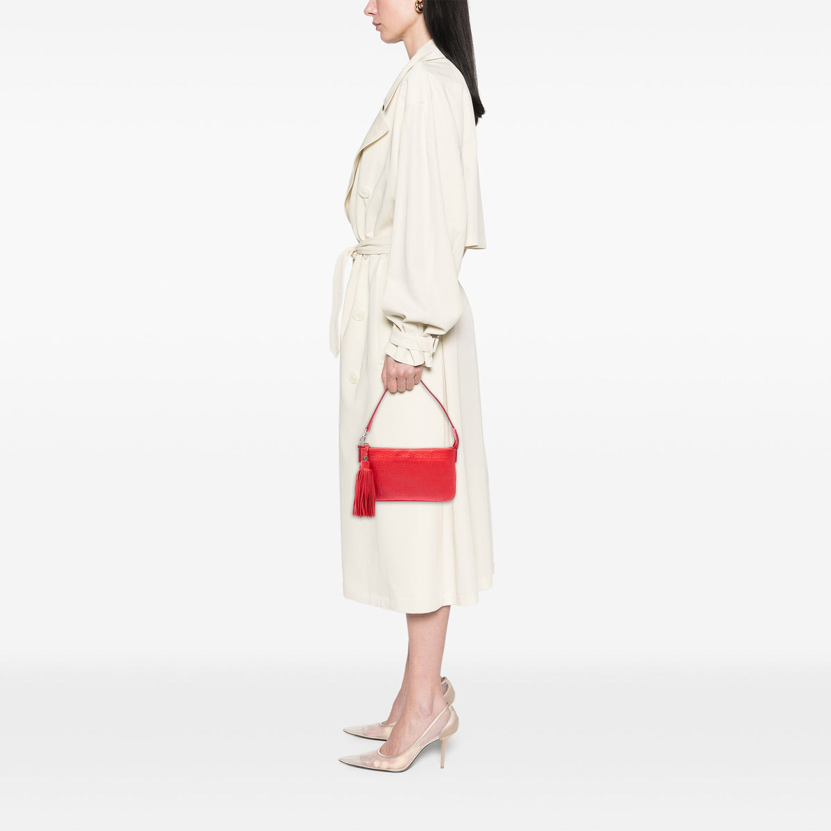 Fendi Zucchino Embossed Nappa Tassel Handbag — Red