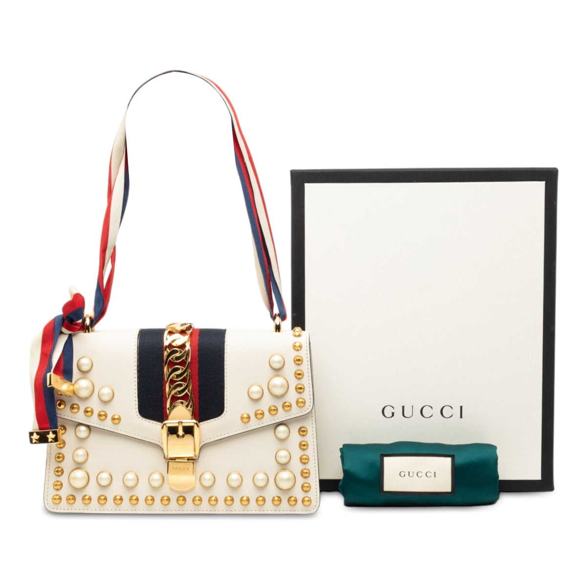Gucci Small Studded and Pearl Embellished Calfskin Web Sylvie Satchel