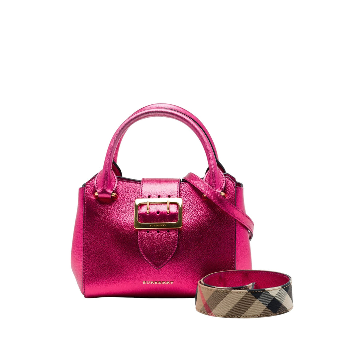 Burberry Small Metallic Leather Buckle Tote — Pink
