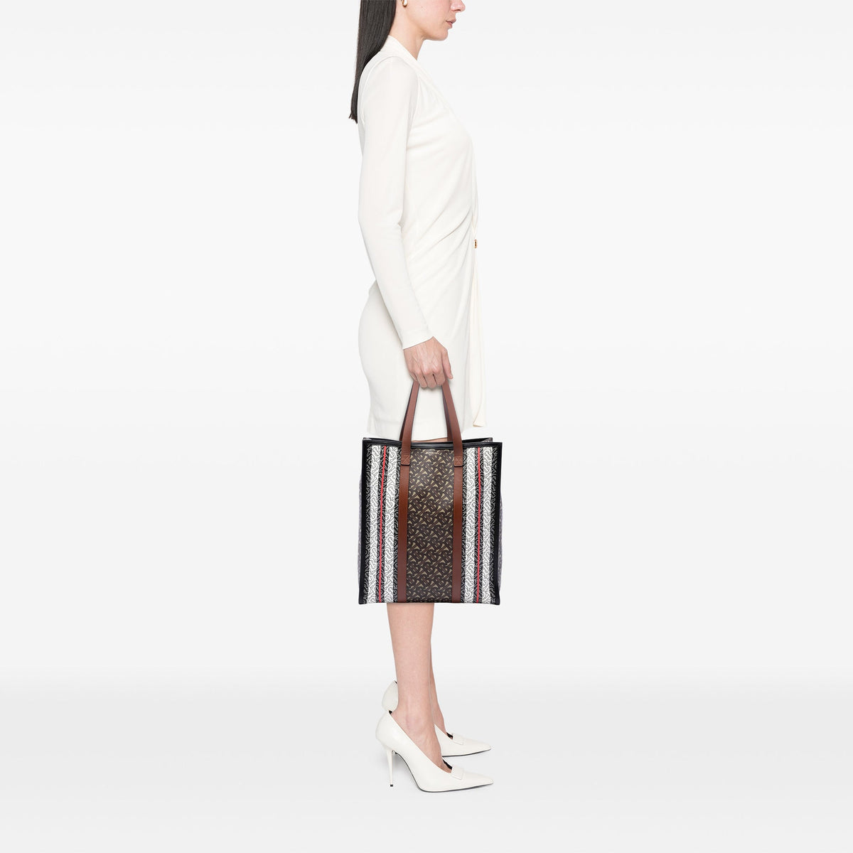 Burberry TB Monogram E-Canvas Stripe Vertical Tote — Brown