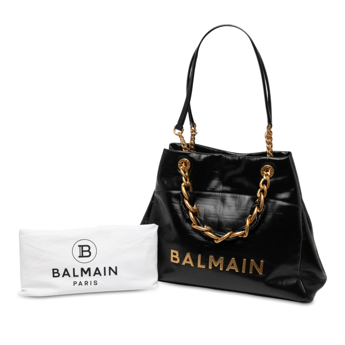 Balmain Embossed Crackled Calfskin 1945 Soft Tote — Black
