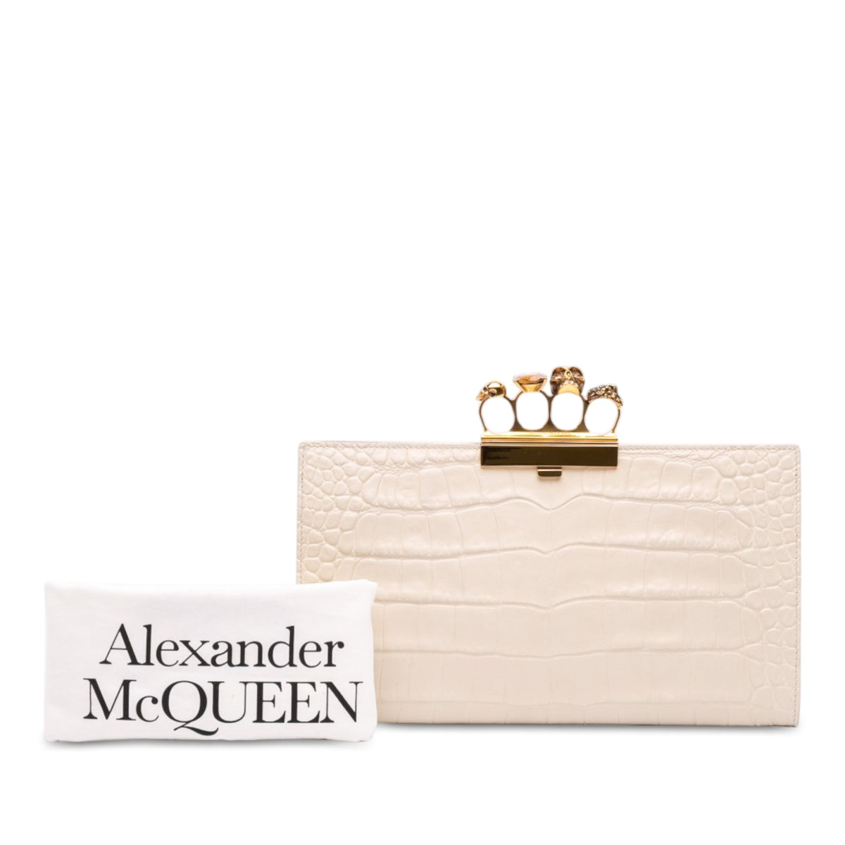 Alexander McQueen Croc Embossed Calfskin Skull Knuckle Clasp Clutch