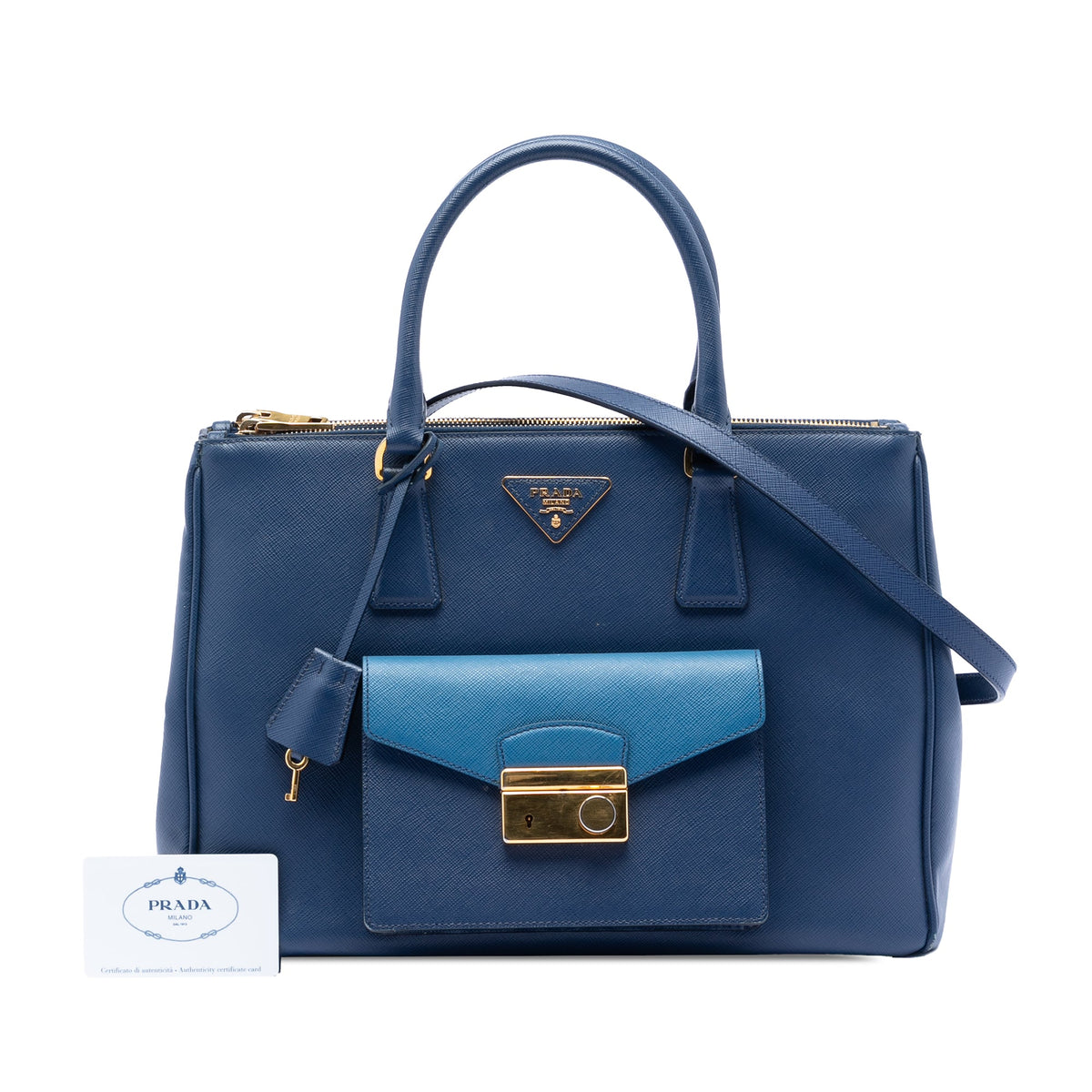 Prada Medium Bicolor Saffiano Lux Galleria Double Zip Front Pocket Satchel