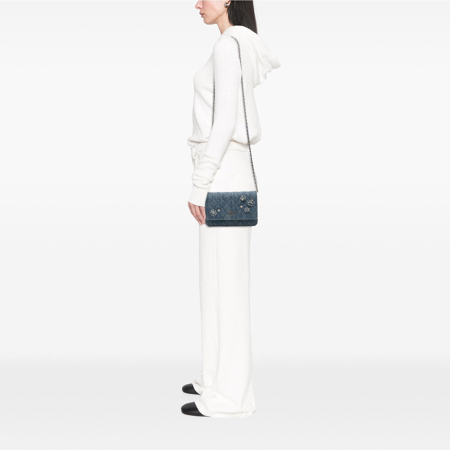 Chanel Quilted Denim Camellia Charms Wallet On Chain