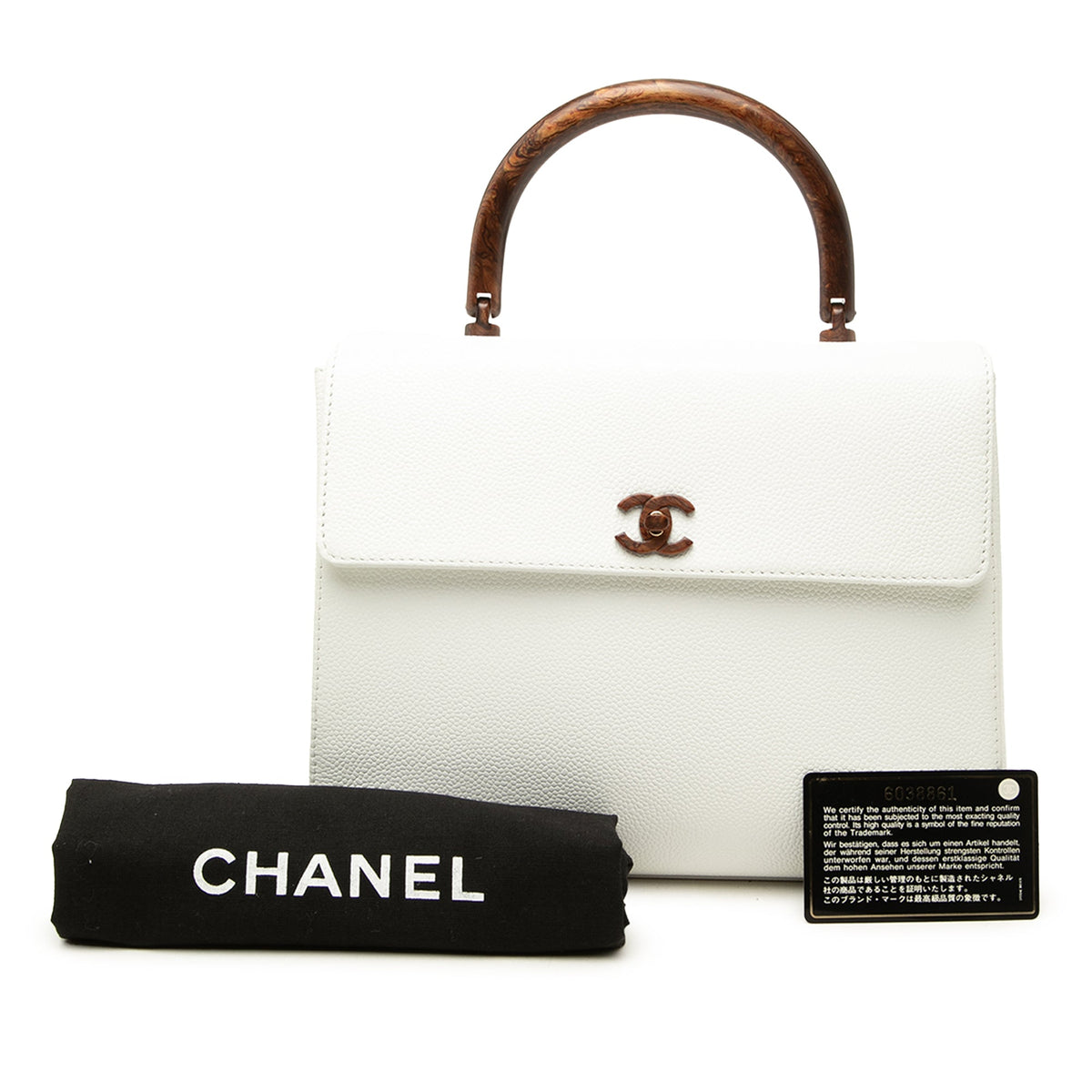 Chanel CC Caviar Kelly Wood Top Handle Bag — White