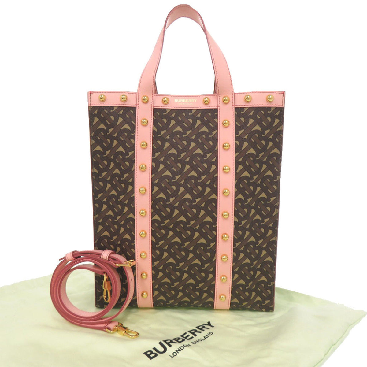 Burberry Small TB Monogram E Canvas and Studded Leather Vertical Tote