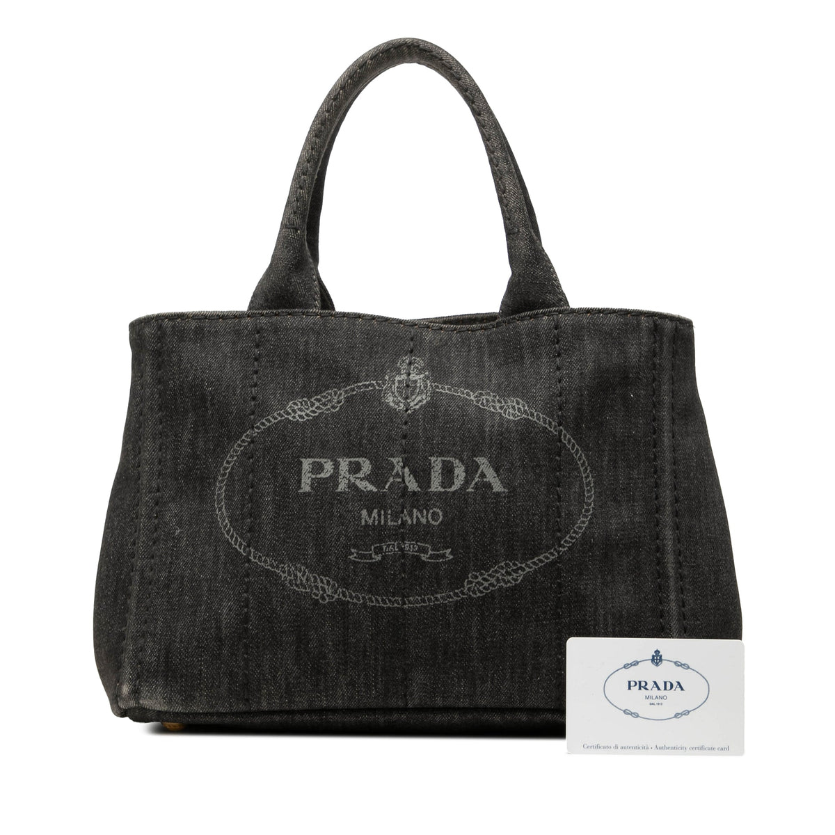 Prada Small Denim Canapa Logo Tote — Gray