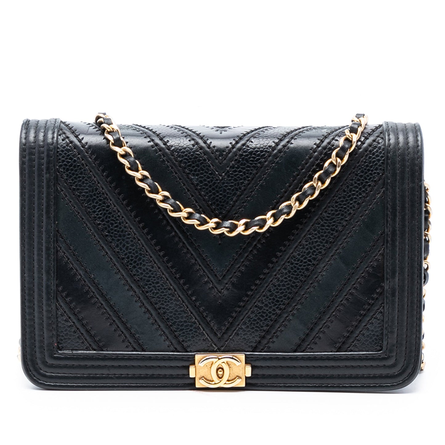 Chanel Chevron Mixed Leathers Boy Wallet On Chain
