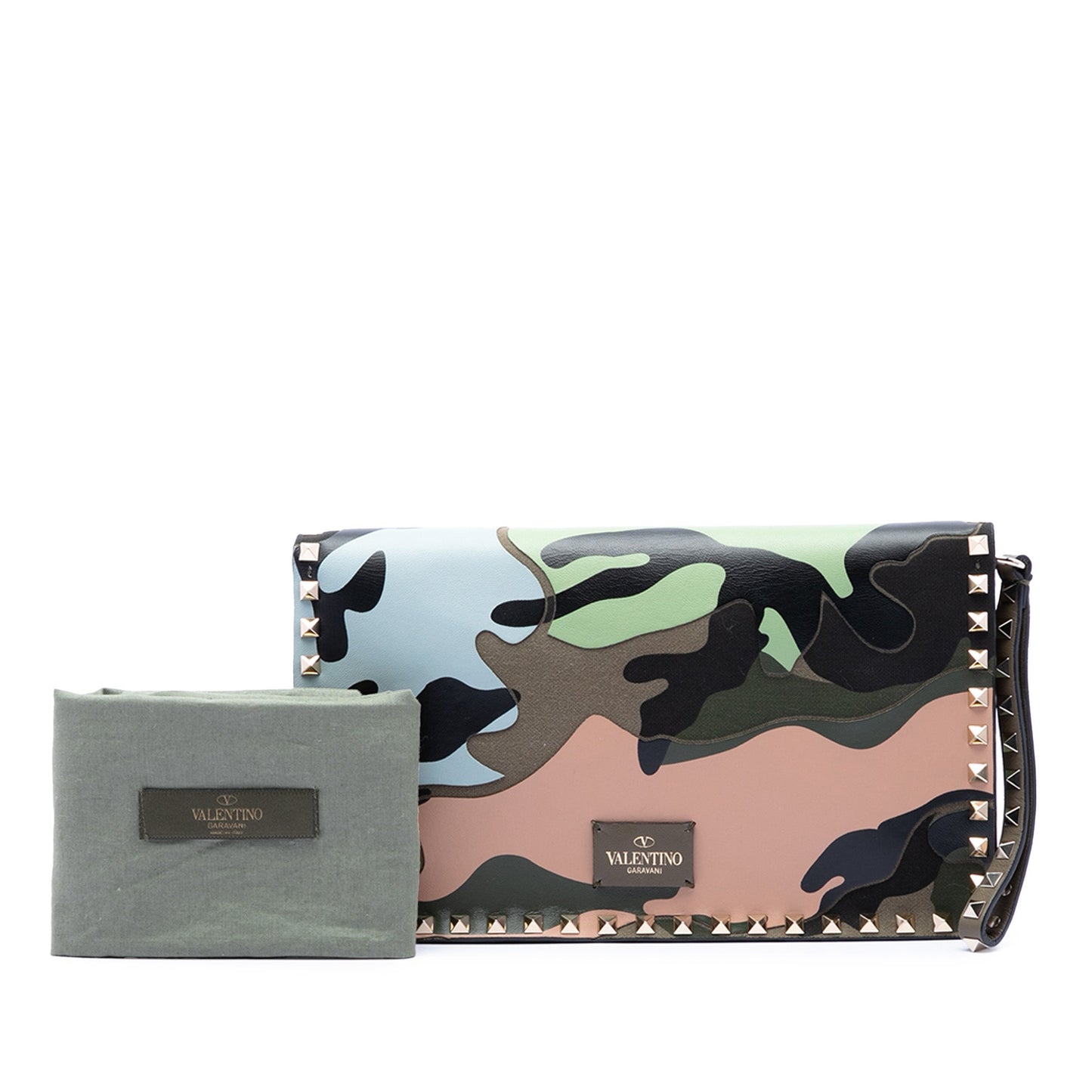Valentino Canvas and Nappa Camouflage Rockstud Wristlet Clutch