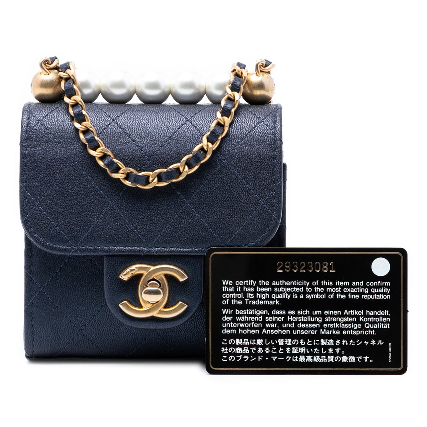 Mini Quilted Goatskin Vertical Chic Pearls Flap Clutch With Chain