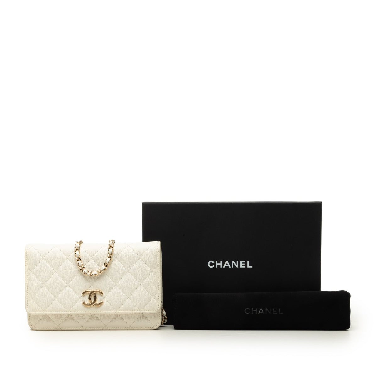 Chanel CC Quilted Caviar Wallet On Chain — White