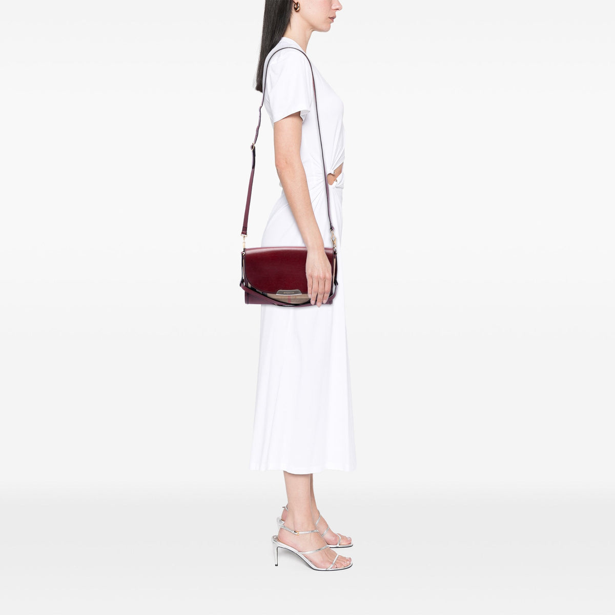 Burberry Leather and House Check Canvas Bridle Abbott Crossbody — Red