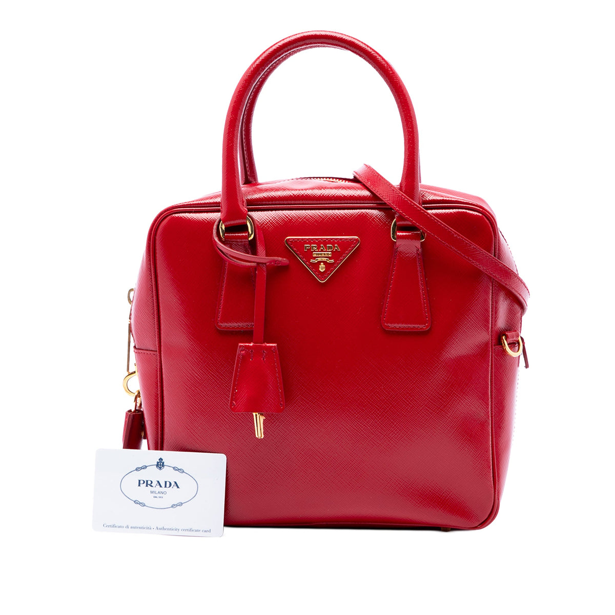Prada Small Saffiano Vernice Square Bauletto Satchel — Red