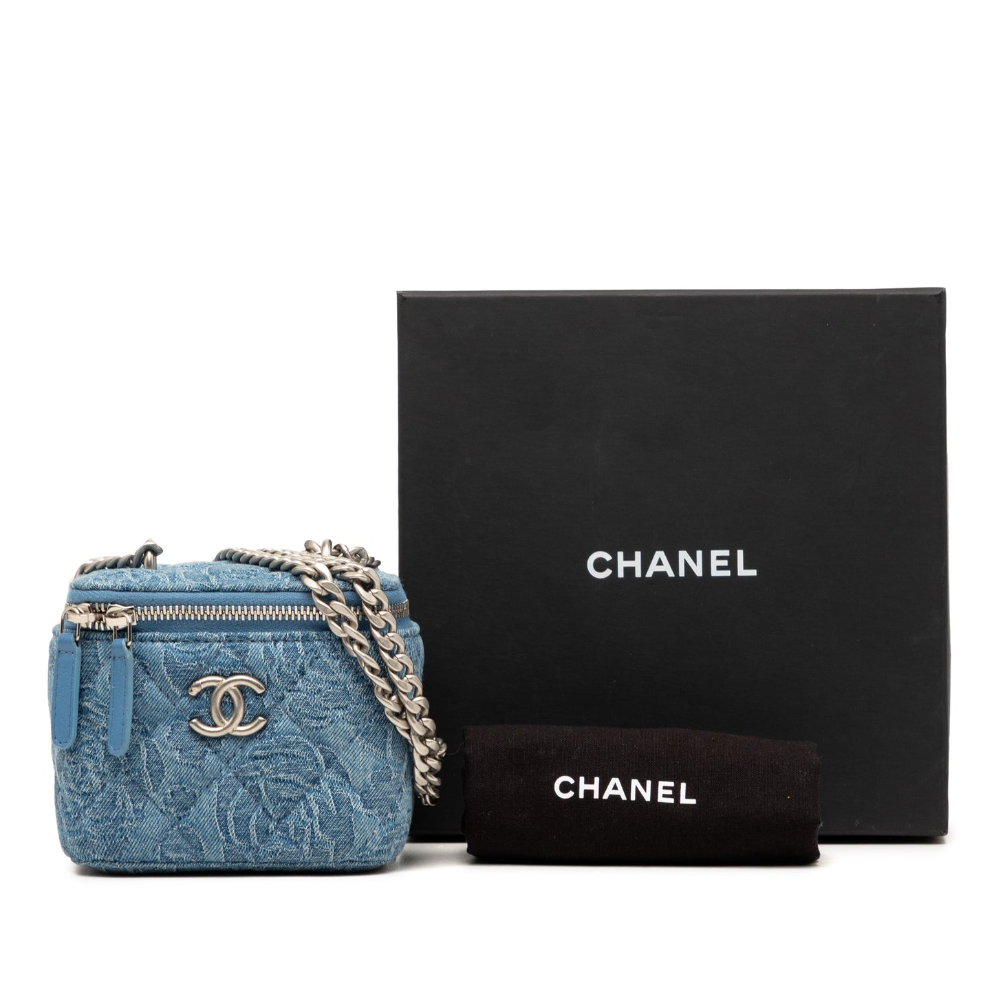 Chanel Mini Quilted Denim Camellia Sweetheart Vanity Case With Chain