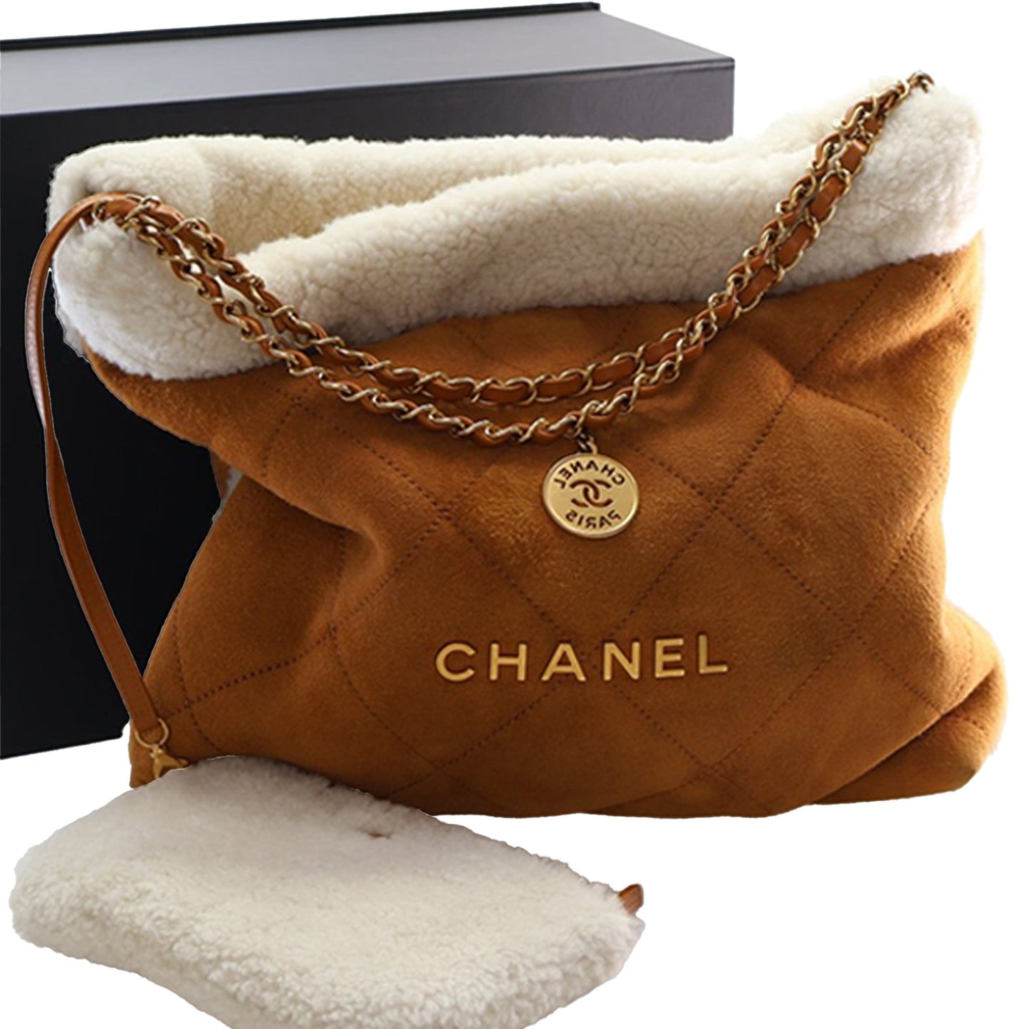 Chanel Large Quilted Suede 22 Hobo with Shearling Trim
