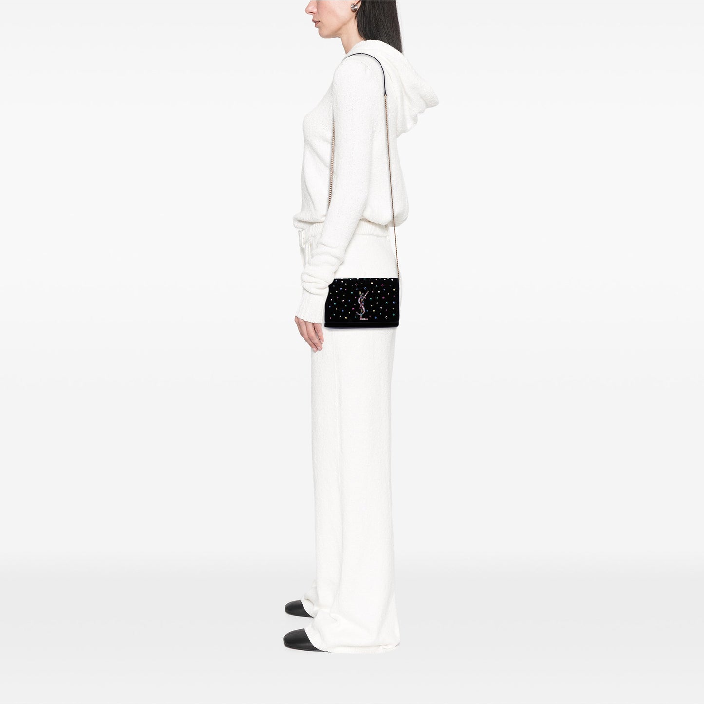 Saint Laurent Crystal Embellished Velvet Monogram Kate Wallet On Chain