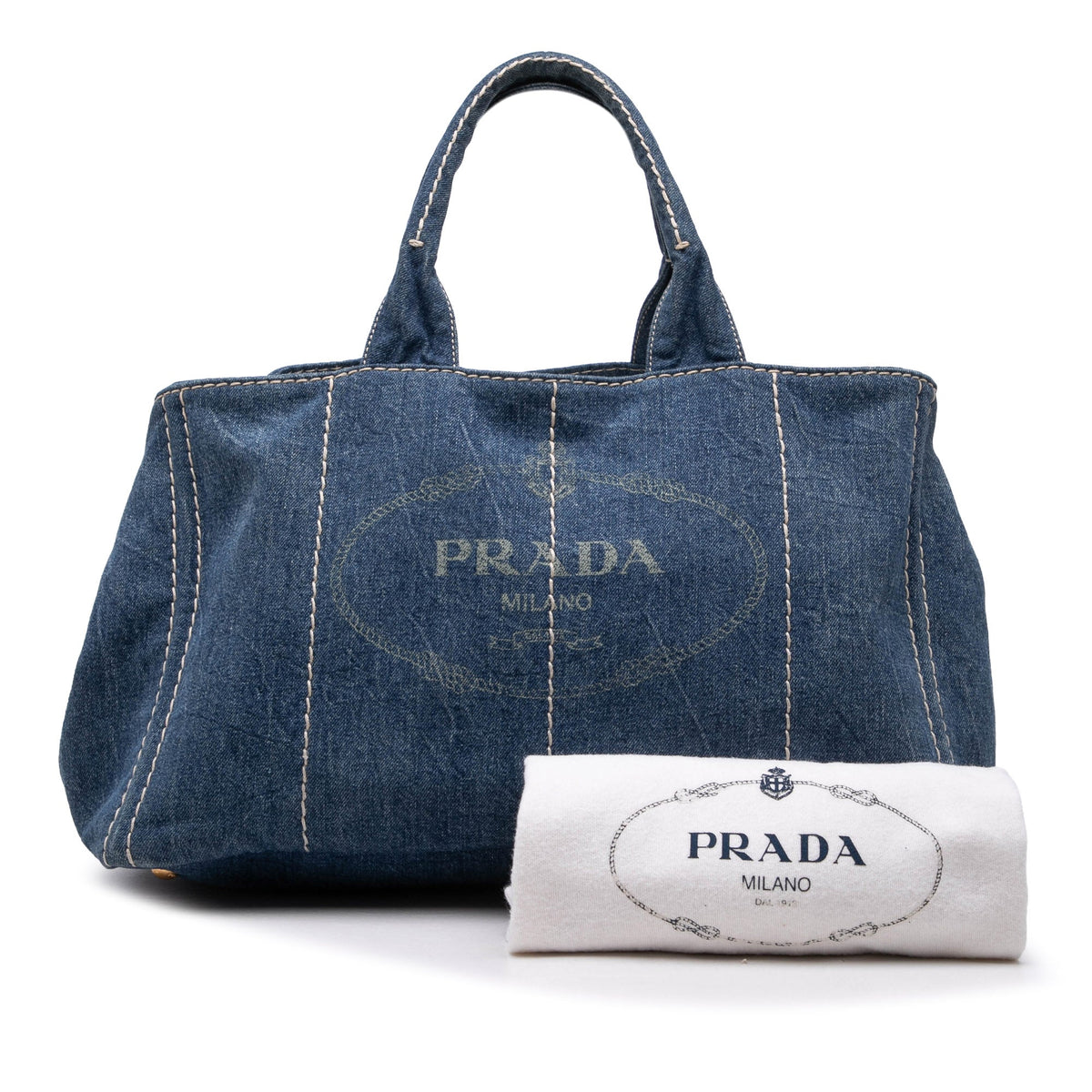 Prada Large Denim Canapa Logo Tote — Blue