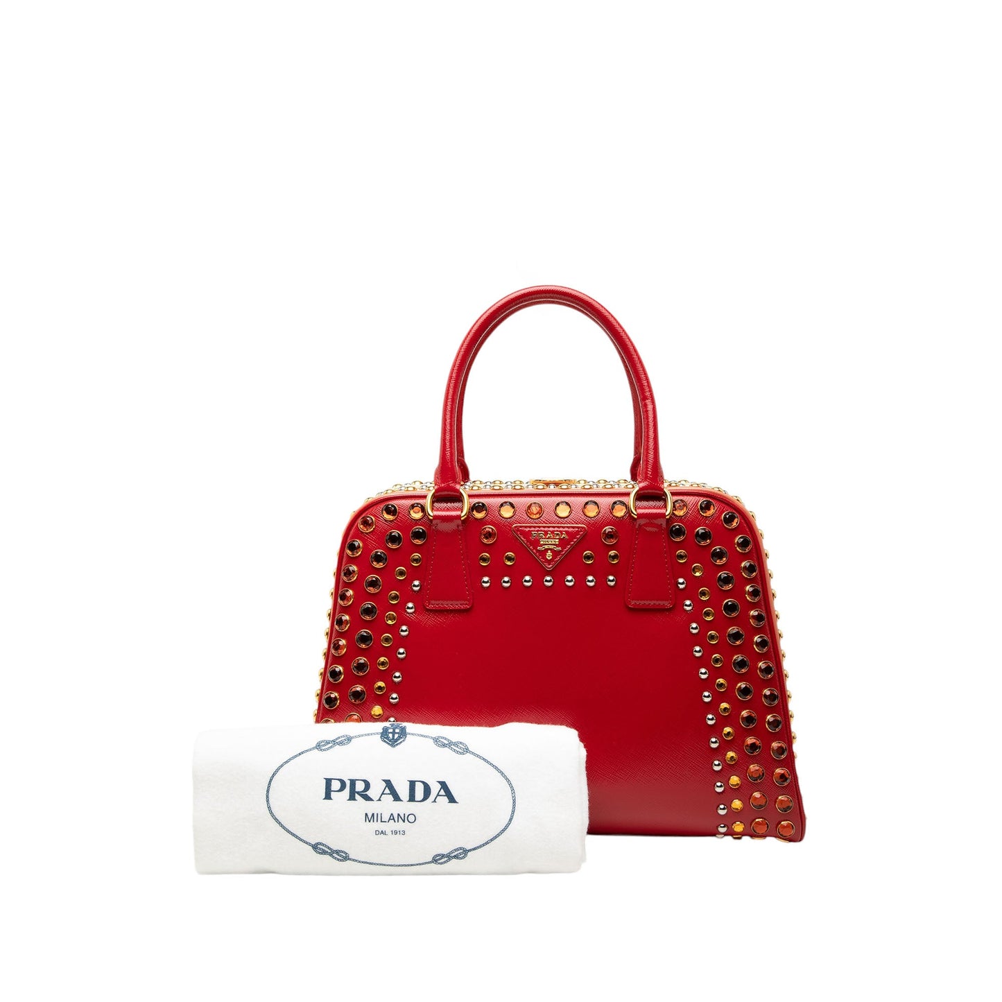 Prada Saffiano Vernice Pyramid Studded Frame Bag