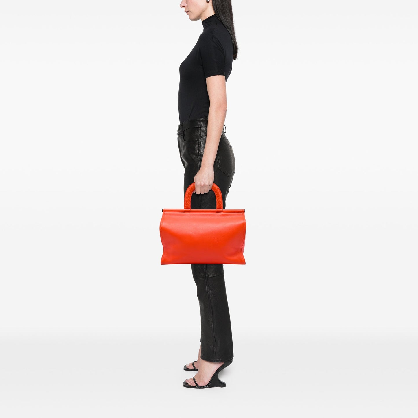 Bottega Veneta Leather Intrecciato Frame Top Handle Bag